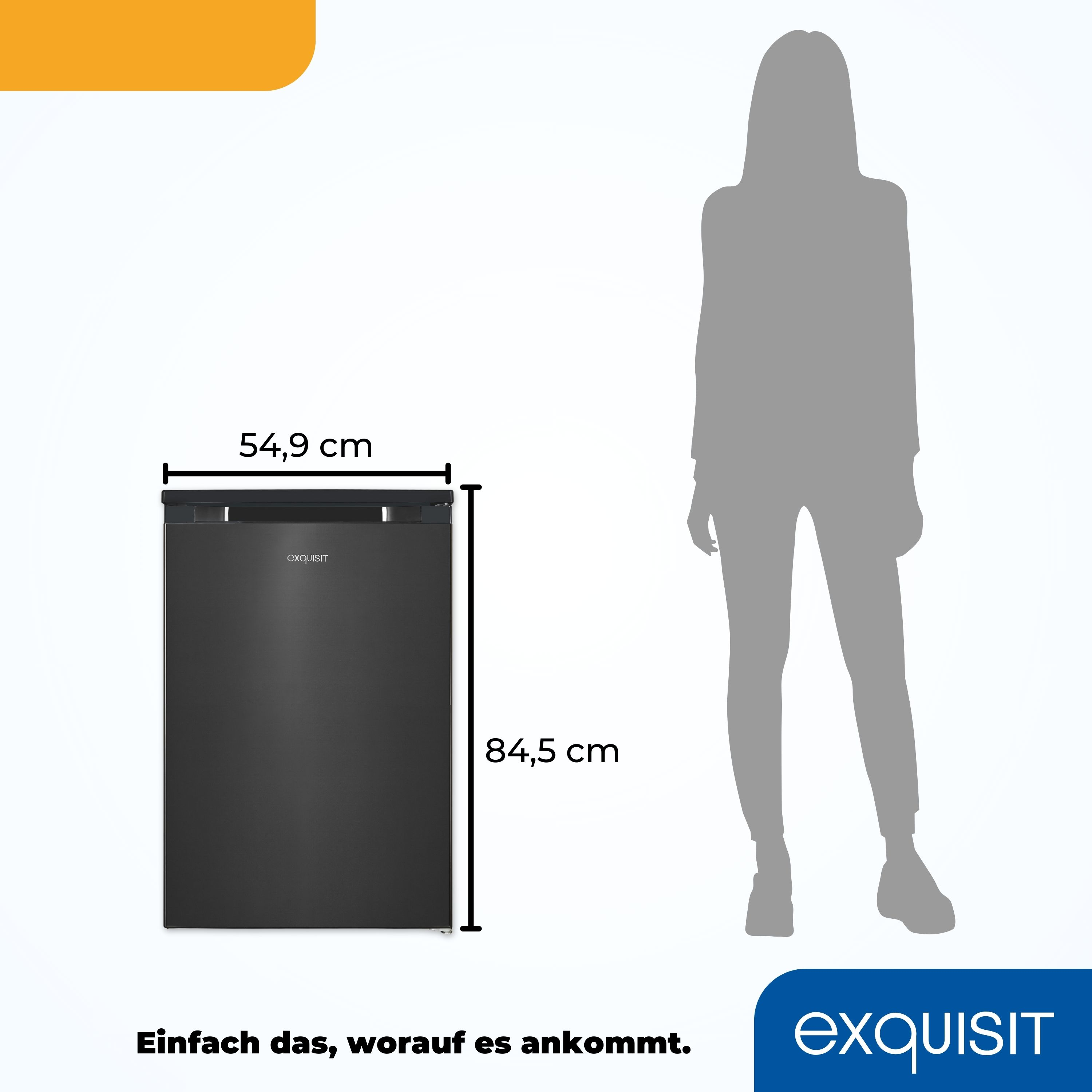 Schwarzer Kühlschrank mit Abmessungen und einer Personensilhouette daneben, vor weißem Hintergrund.