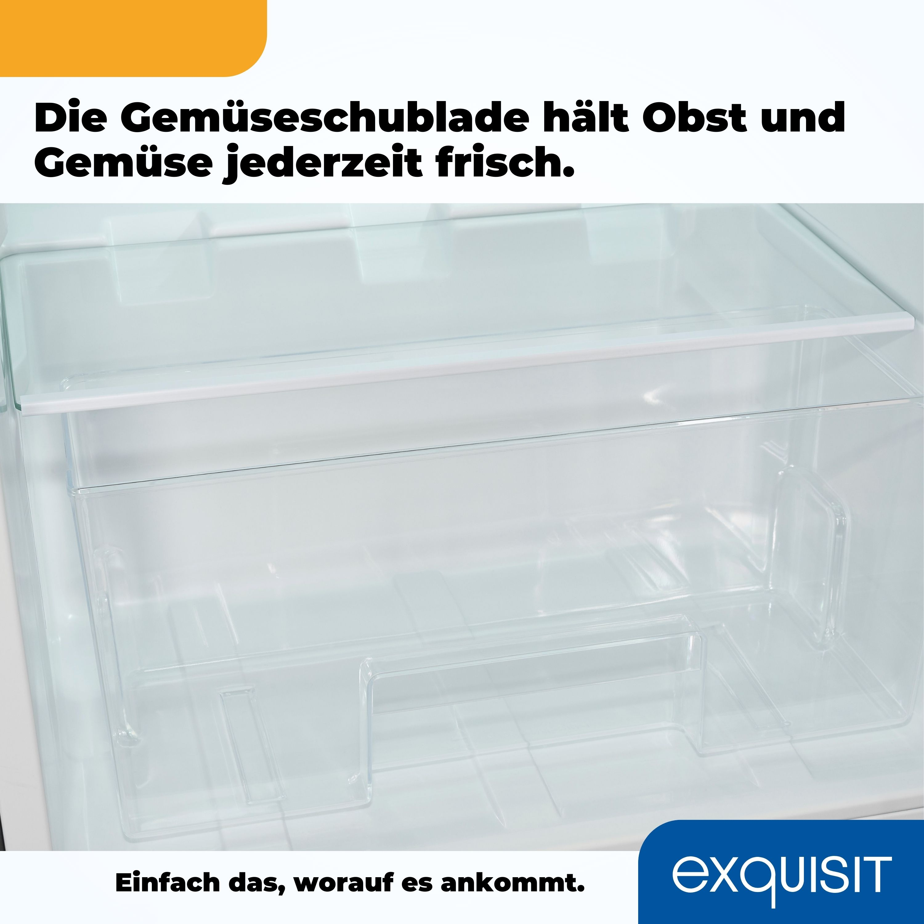 Innenraum eines Kühlschranks. Eine transparente Gemüseschublade sichtbar.