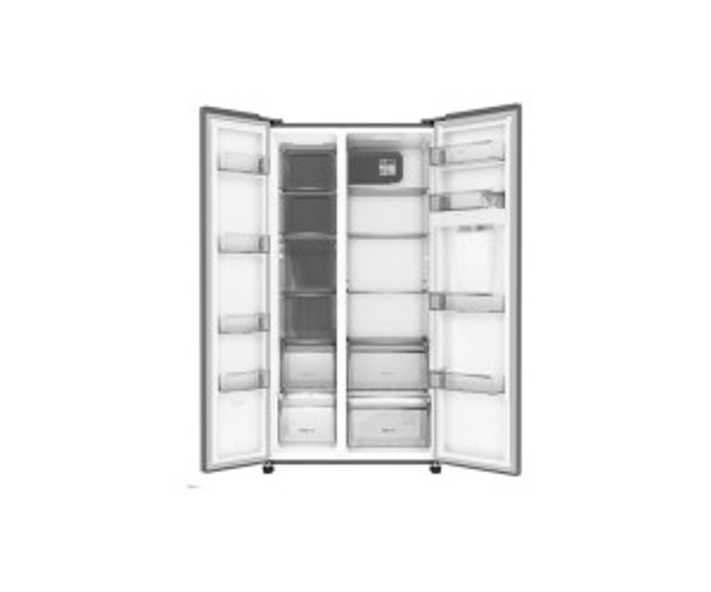 Lodówka dwudrzwiowa z otwartymi drzwiami, pokazująca wewnętrzne półki, szuflady i zawartość.