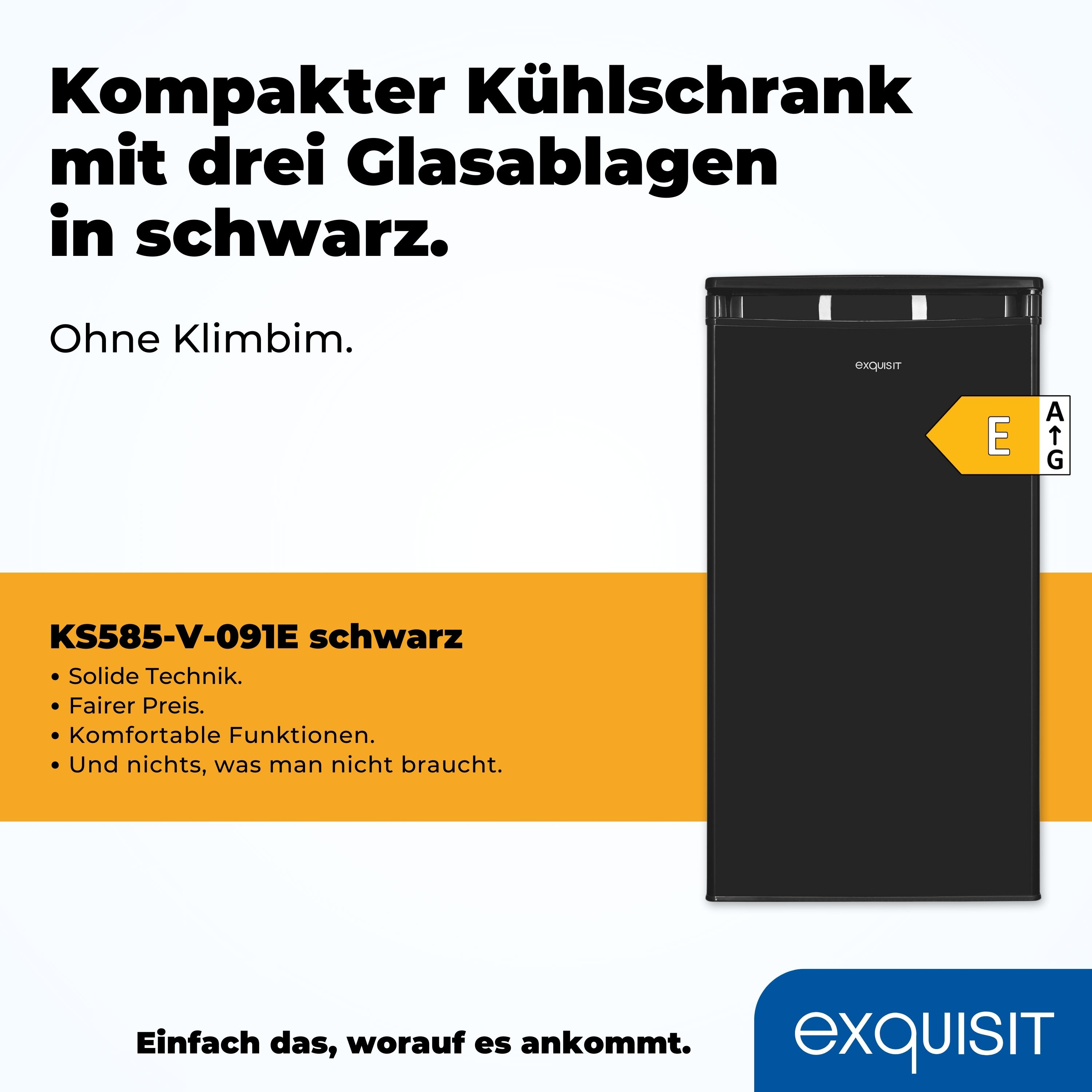 Schwarzer Kühlschrank mit 3 Glasböden. Text beschreibt Merkmale und erwähnt 'Fairer Preis'.