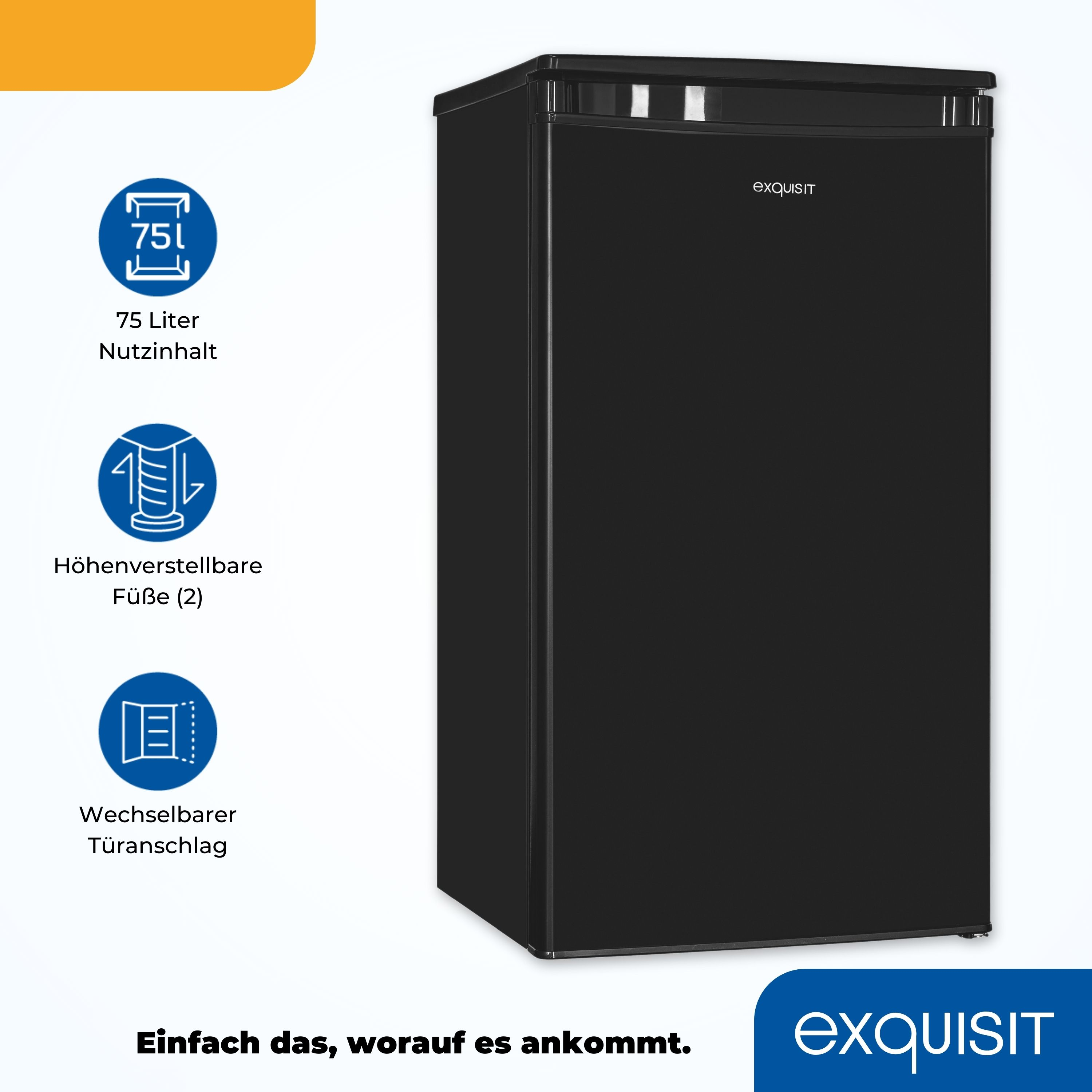 Ein schwarzer Kühlschrank mit Text und Symbolen auf weißem Hintergrund.