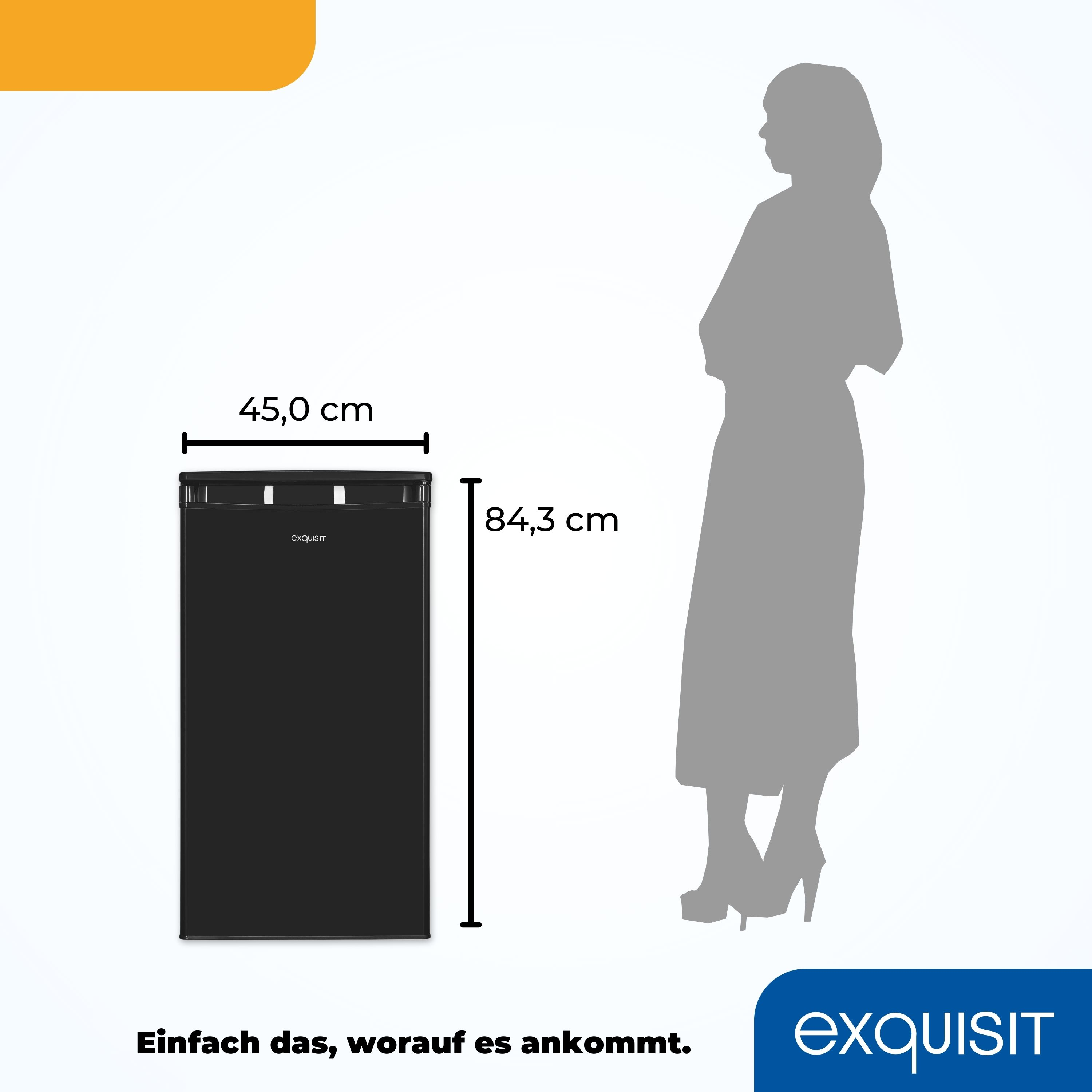 Ein schwarzer Kühlschrank und die Silhouette einer Frau. Abmessungen sind angegeben.