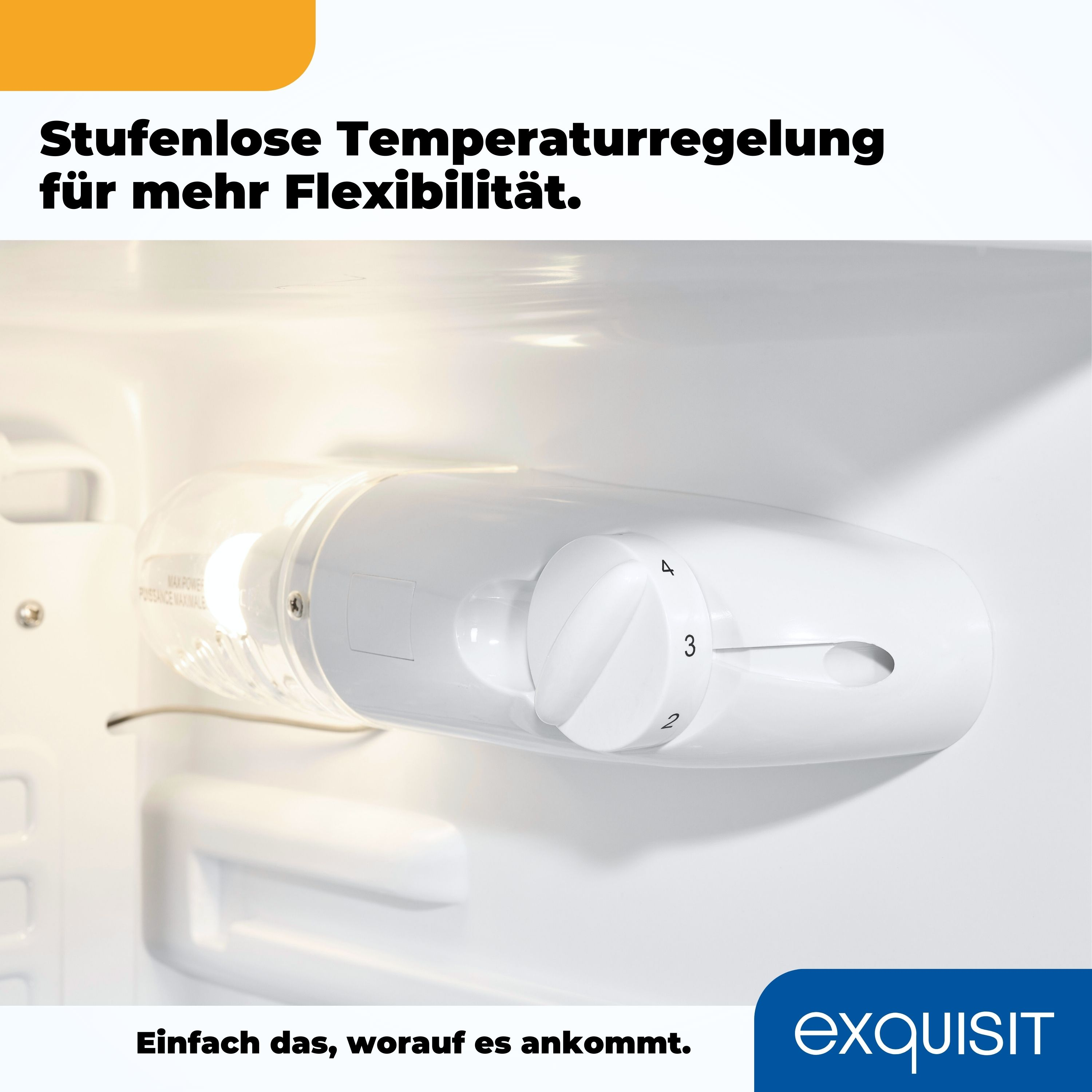 Innenseite eines weißen Kühlschranks. Eine Lampe und ein Temperaturregler sind sichtbar.