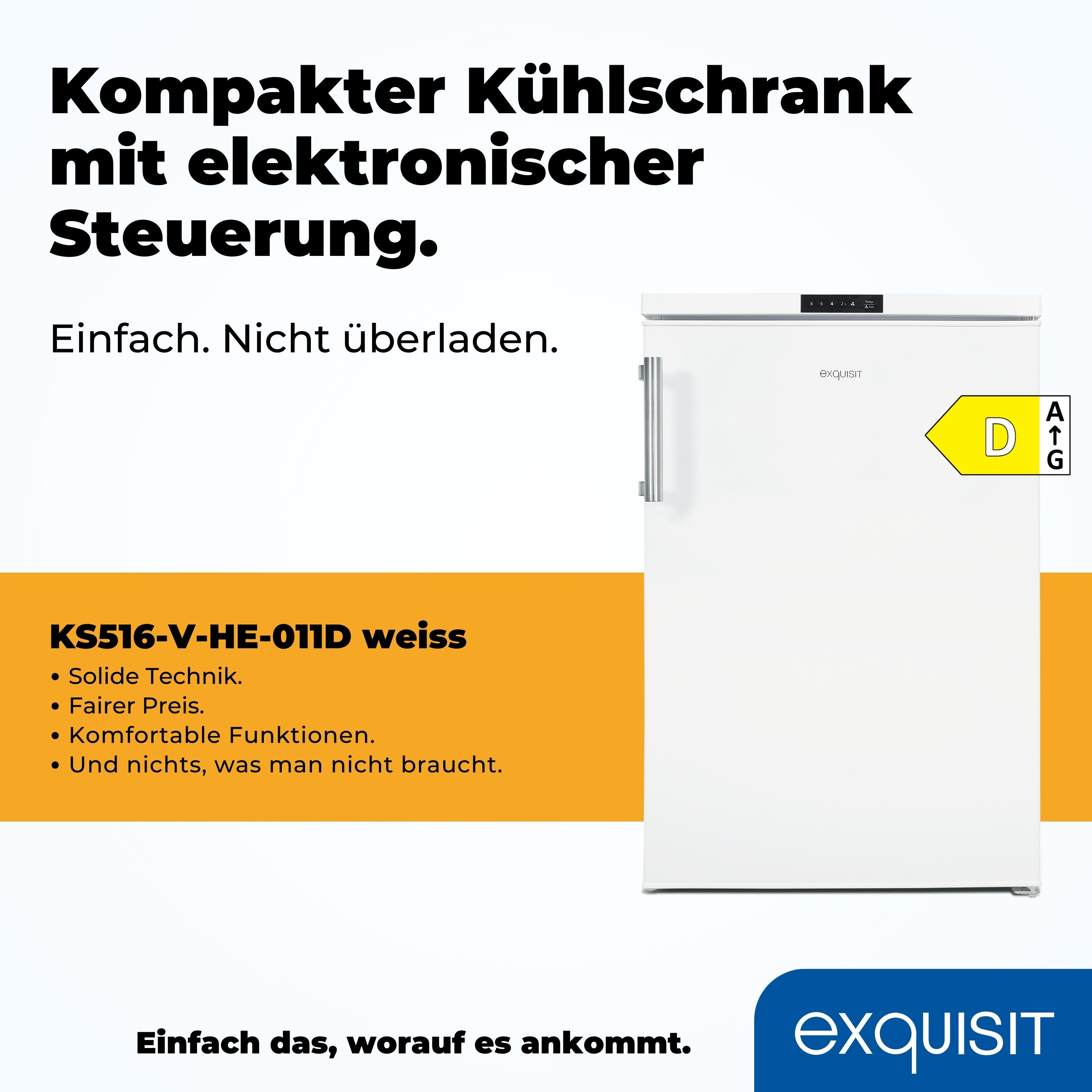 Weißer Kühlschrank. Er hat ein Bedienfeld und ein Energieeffizienzlabel. Der Text ist auf Deutsch.