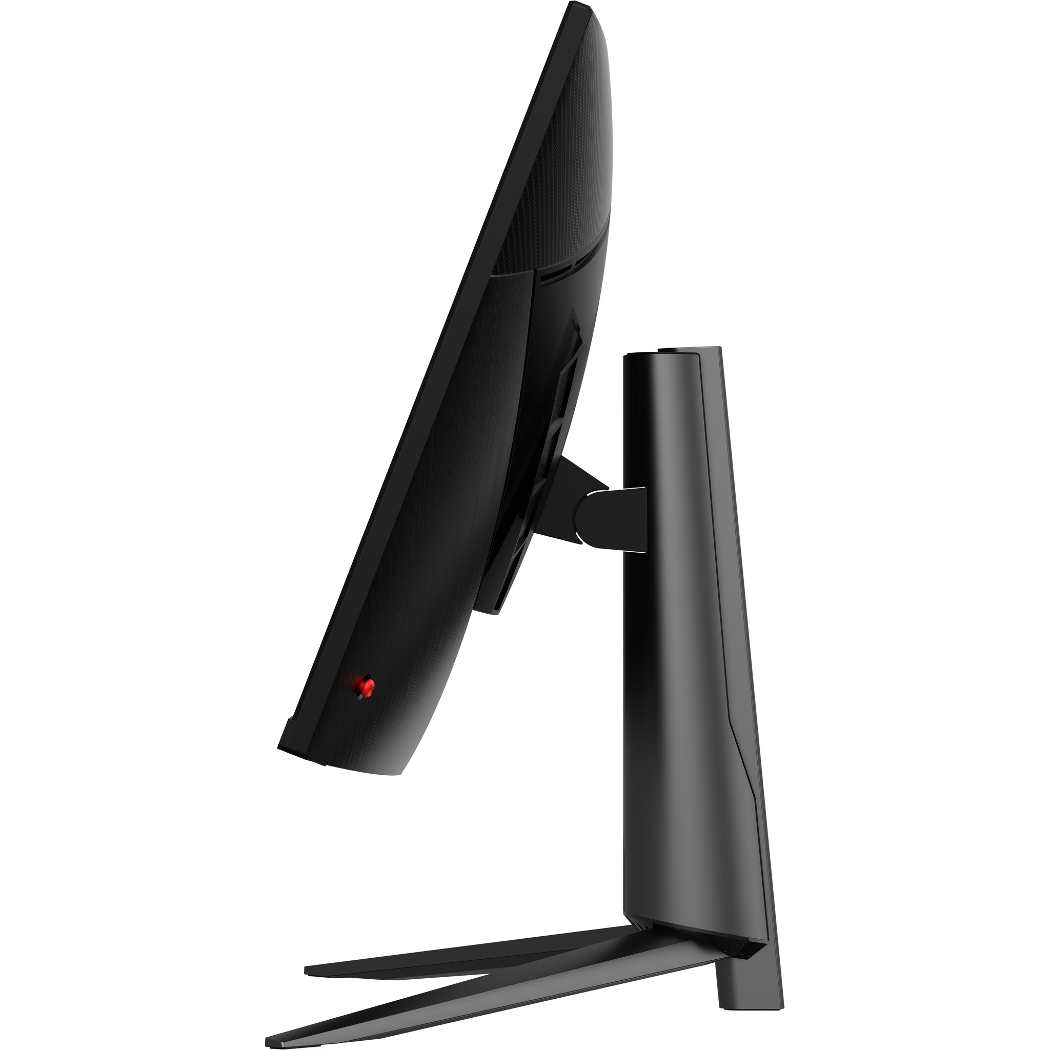 Un elegante monitor de ordenador negro con soporte, desde una vista lateral. La marca es MSI.