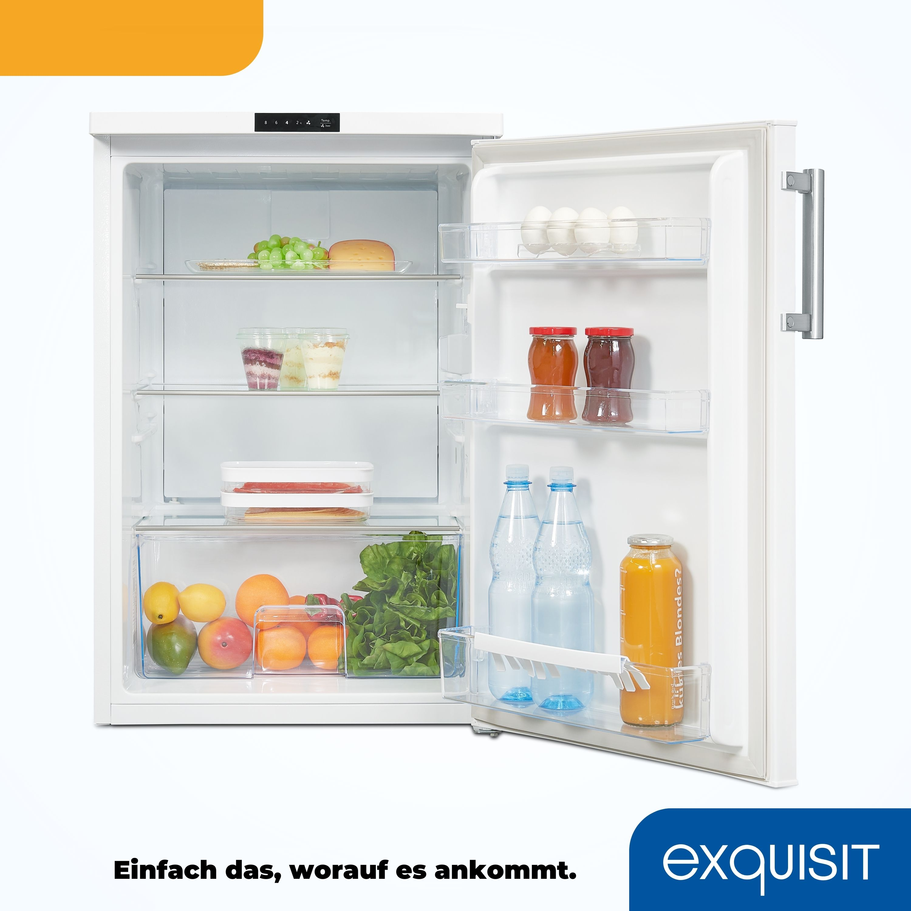 Ein Kühlschrank mit Lebensmitteln im Inneren und dem Markennamen unten.