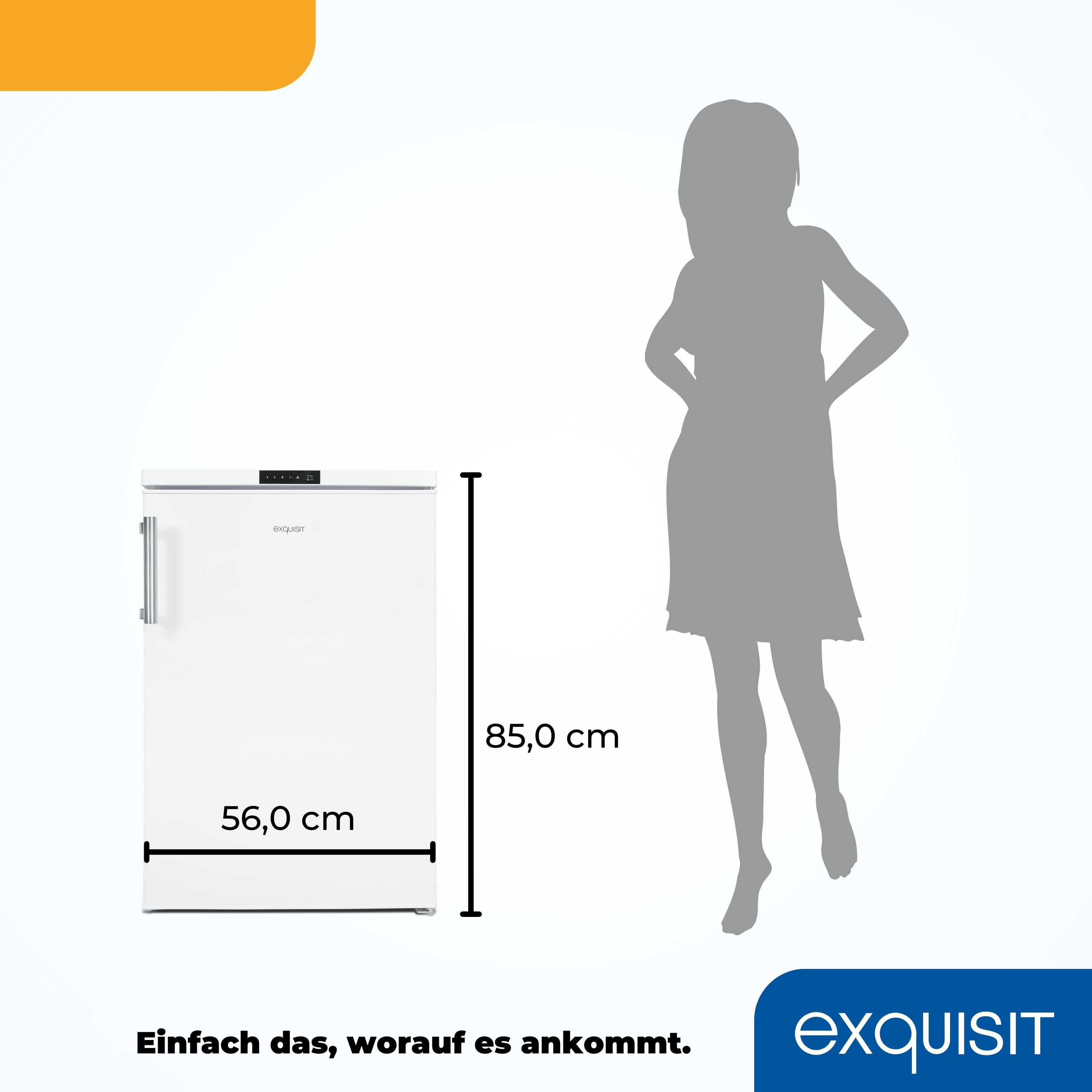 Weißer Gefrierschrank mit Maßen und einer Silhouette einer Frau daneben.