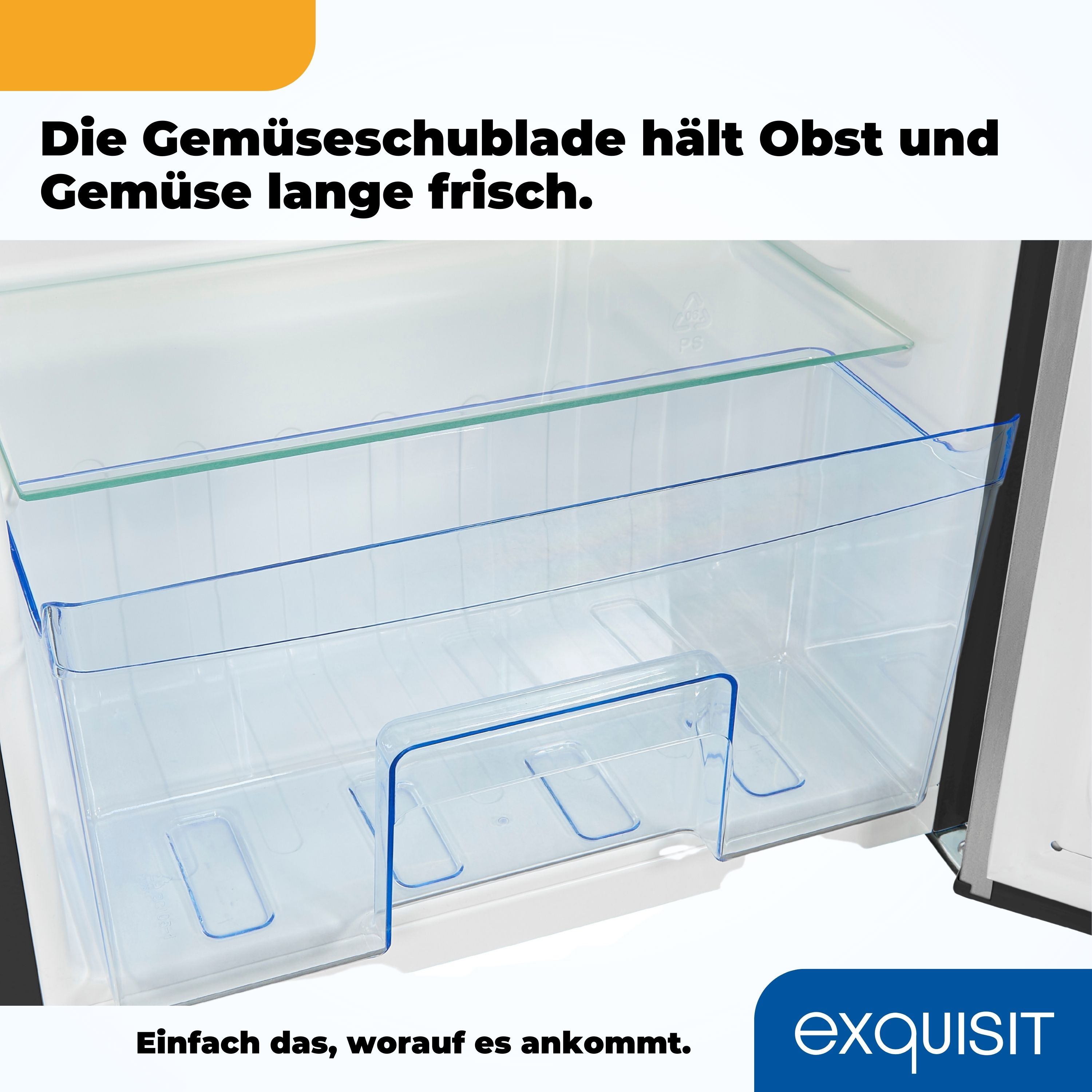 Gemüseschublade des Kühlschranks, mit Text zur Frische von Obst und Gemüse.