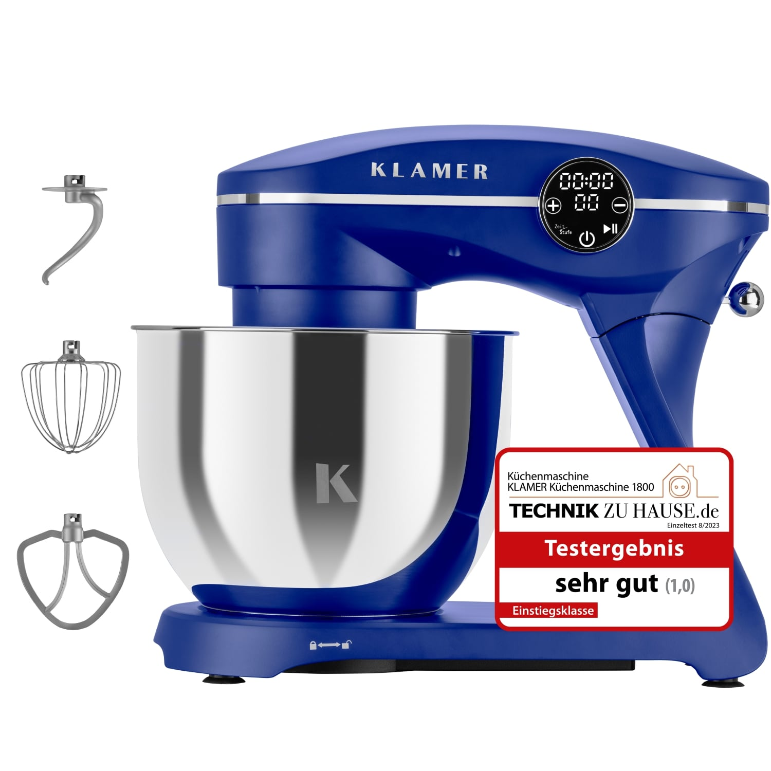 Blauer Küchenmixer mit Aufsätzen. Silberne Schüssel, Digitalanzeige und Produktbewertungsaufkleber.