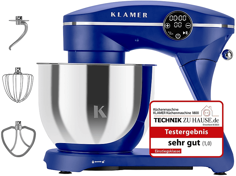 KLAMER Knetmaschine Küchenmaschine Blau (Rührschüsselkapazität: 6 l, 1800 Watt)