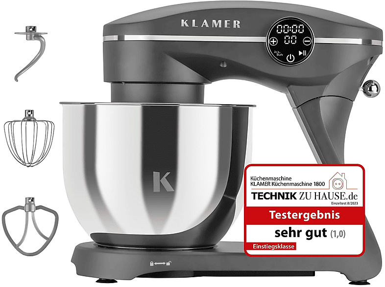 KLAMER Knetmaschine Küchenmaschine Grau (Rührschüsselkapazität: 6 l, 1800 Watt)
