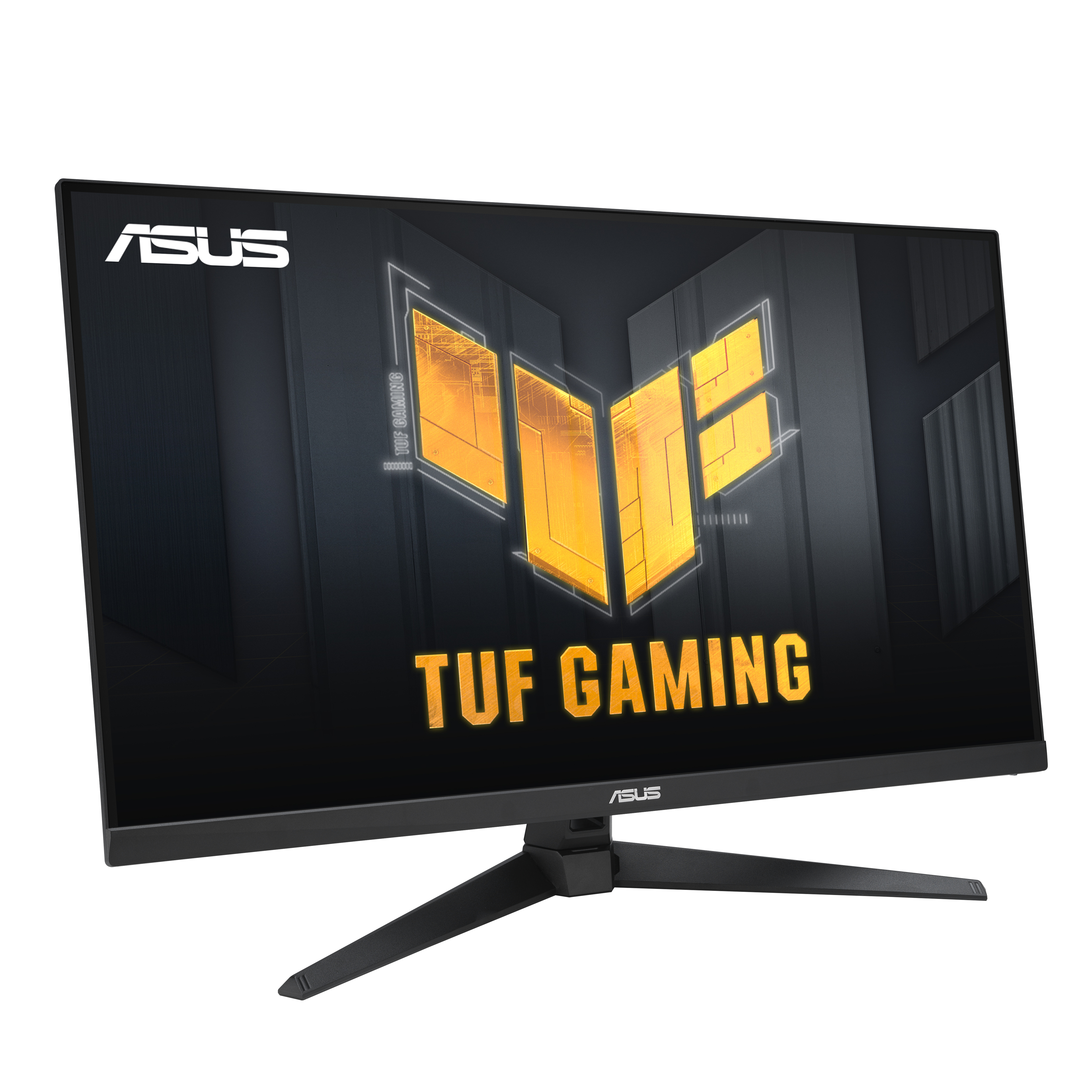 Un moniteur ASUS TUF Gaming avec un cadre et un support noirs, sur fond blanc.