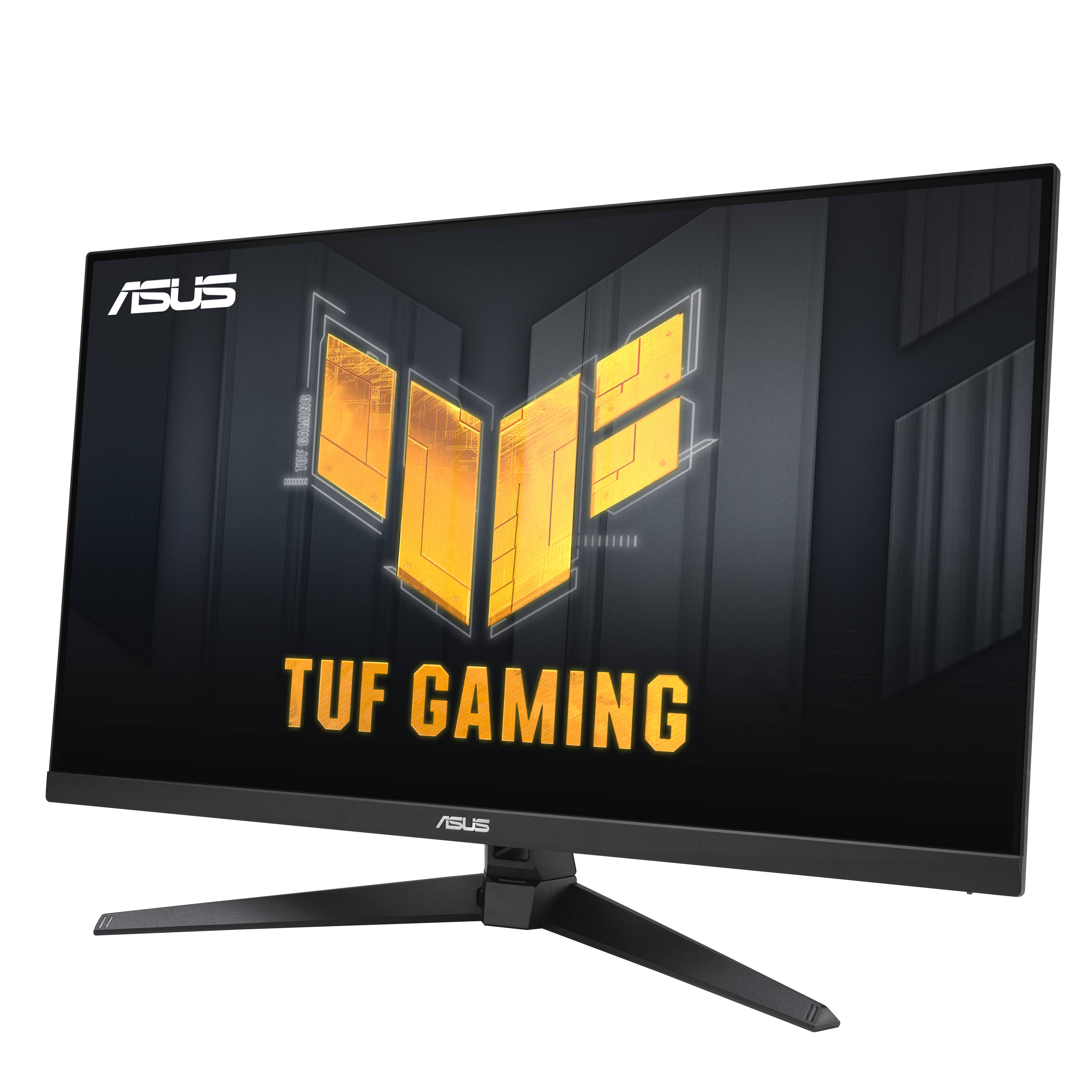Moniteur Asus TUF Gaming affichant le logo TUF, sur un fond blanc.