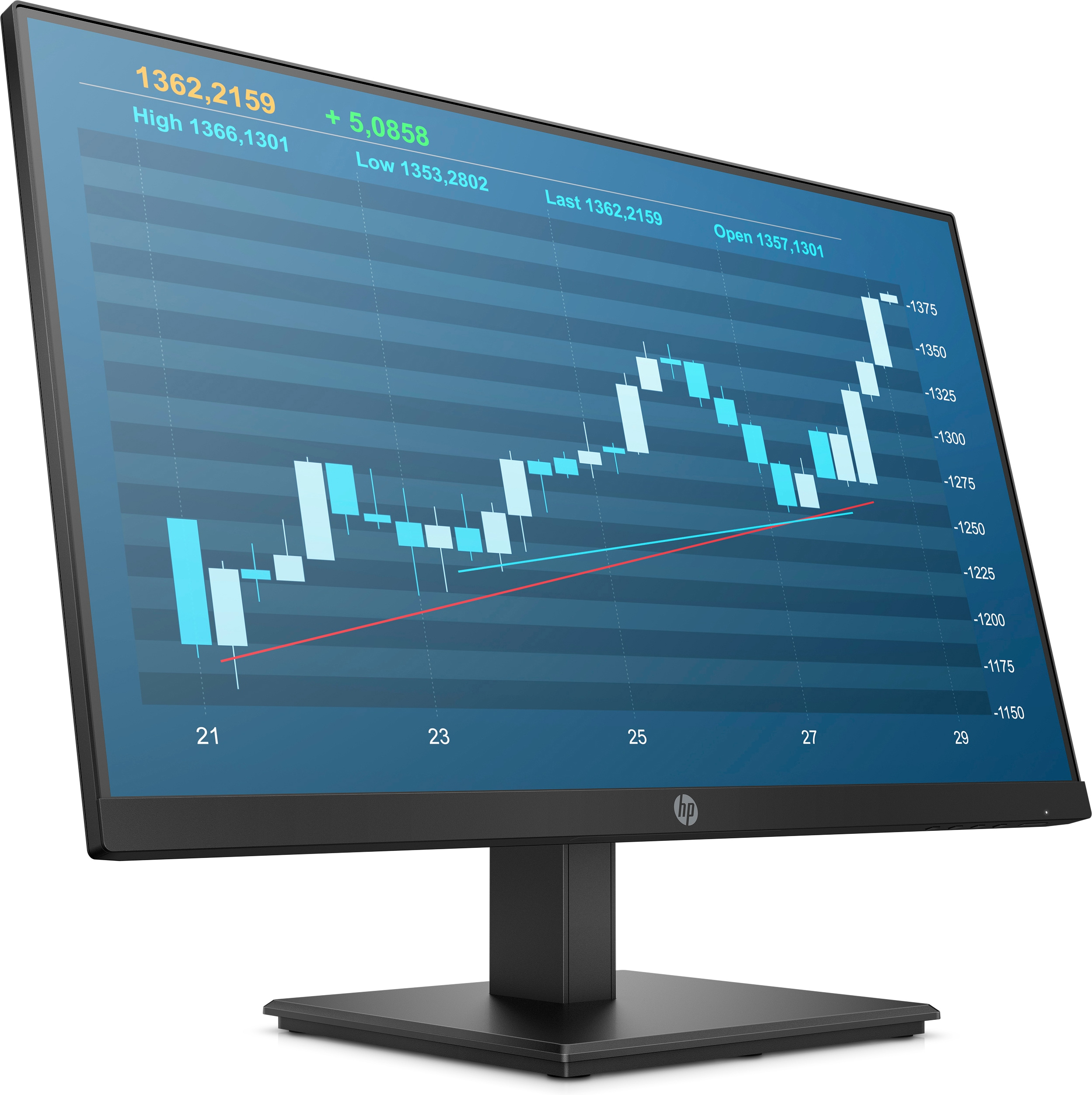 Monitor HP negro mostrando un gráfico de bolsa con números y fondo azul.