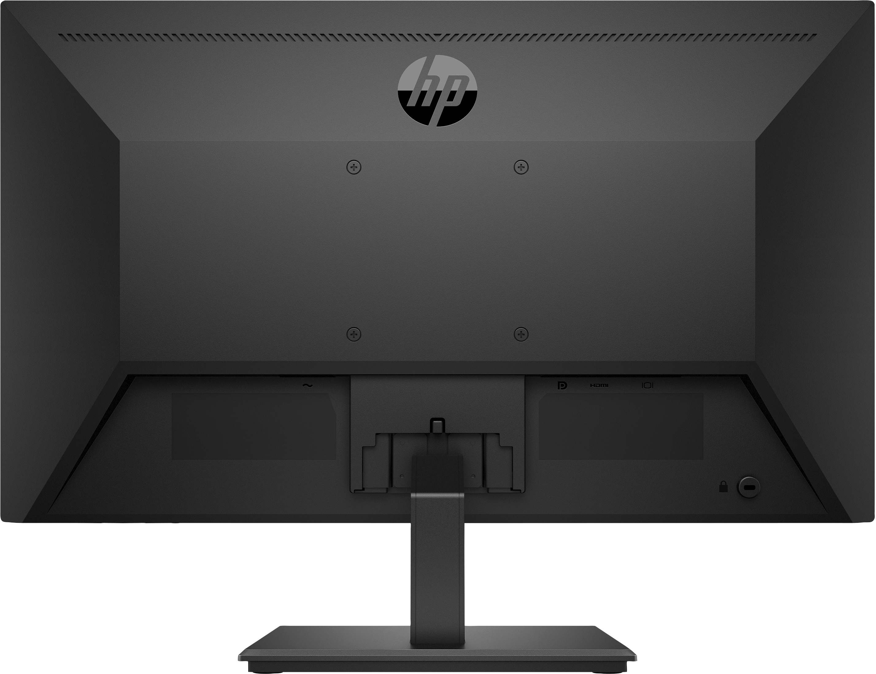 Vista trasera de un monitor de computadora negro con el logotipo de HP y puertos de conexión.