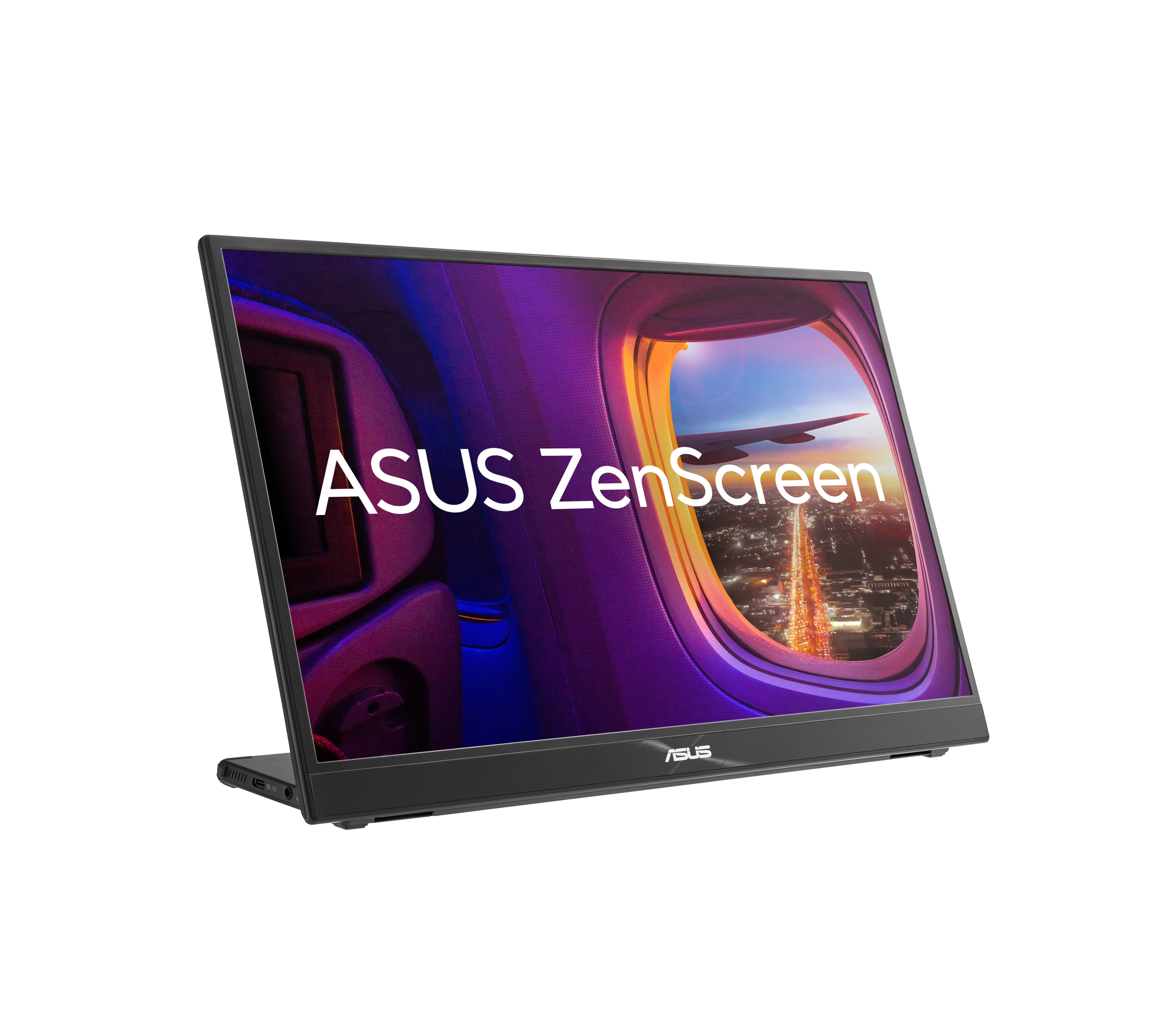 Czarny przenośny monitor ASUS ZenScreen, wyświetlający widok z okna samolotu.
