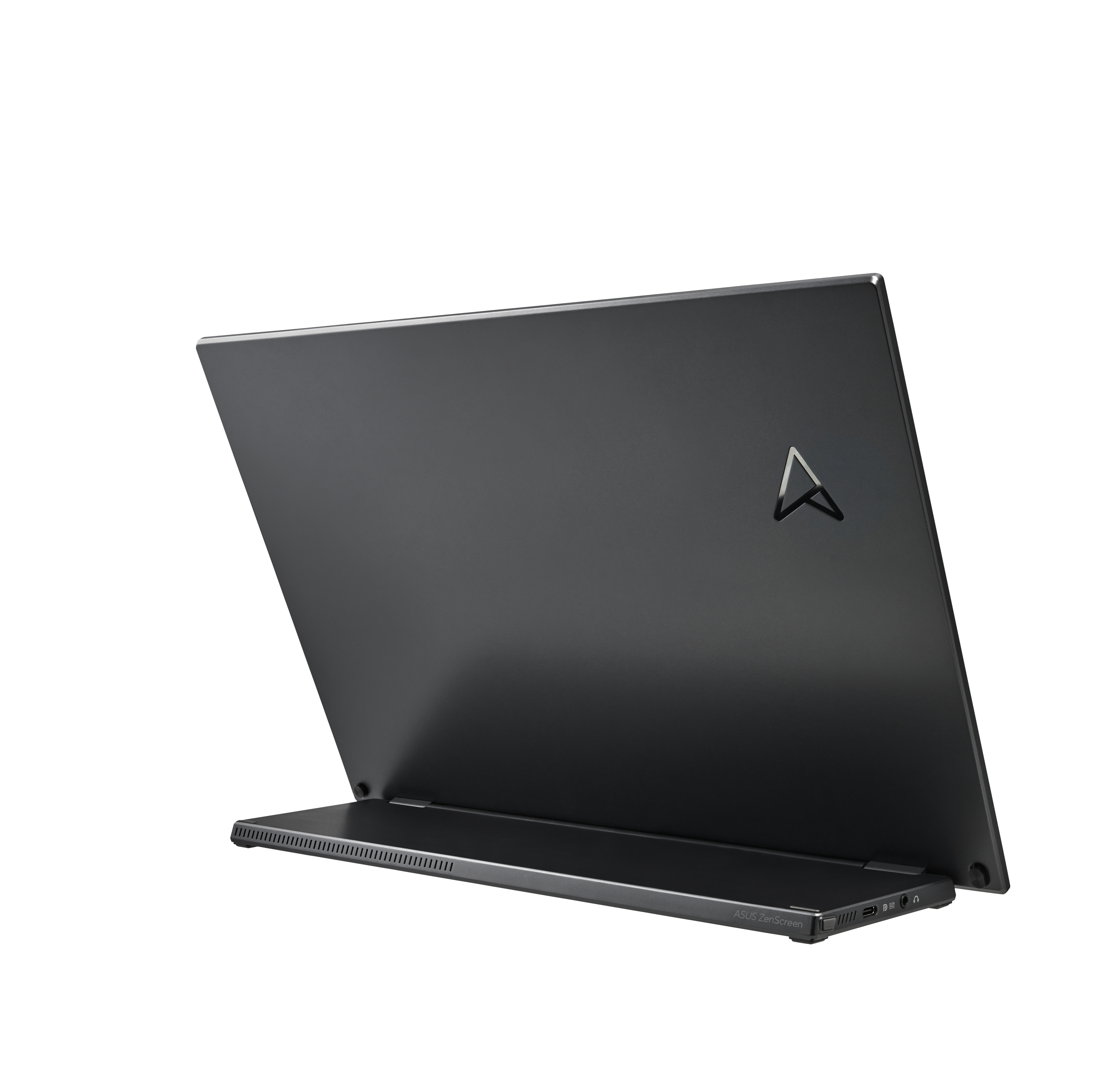 Czarny laptop z logo Asus, lekko otwarty. Białe tło.