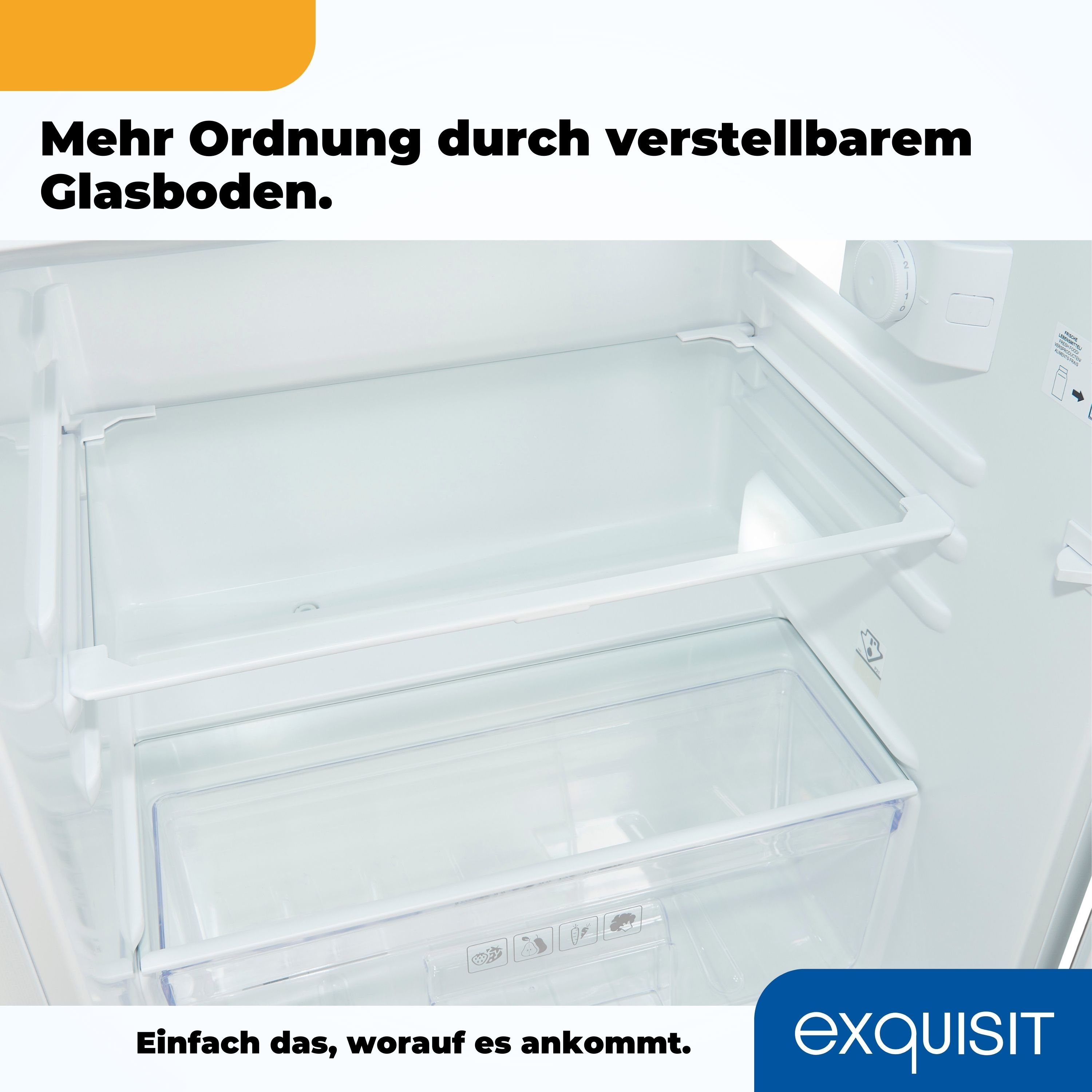 Kühlschrankinnenraum mit verstellbarem Glasboden und einer Schublade, weißes Innere.