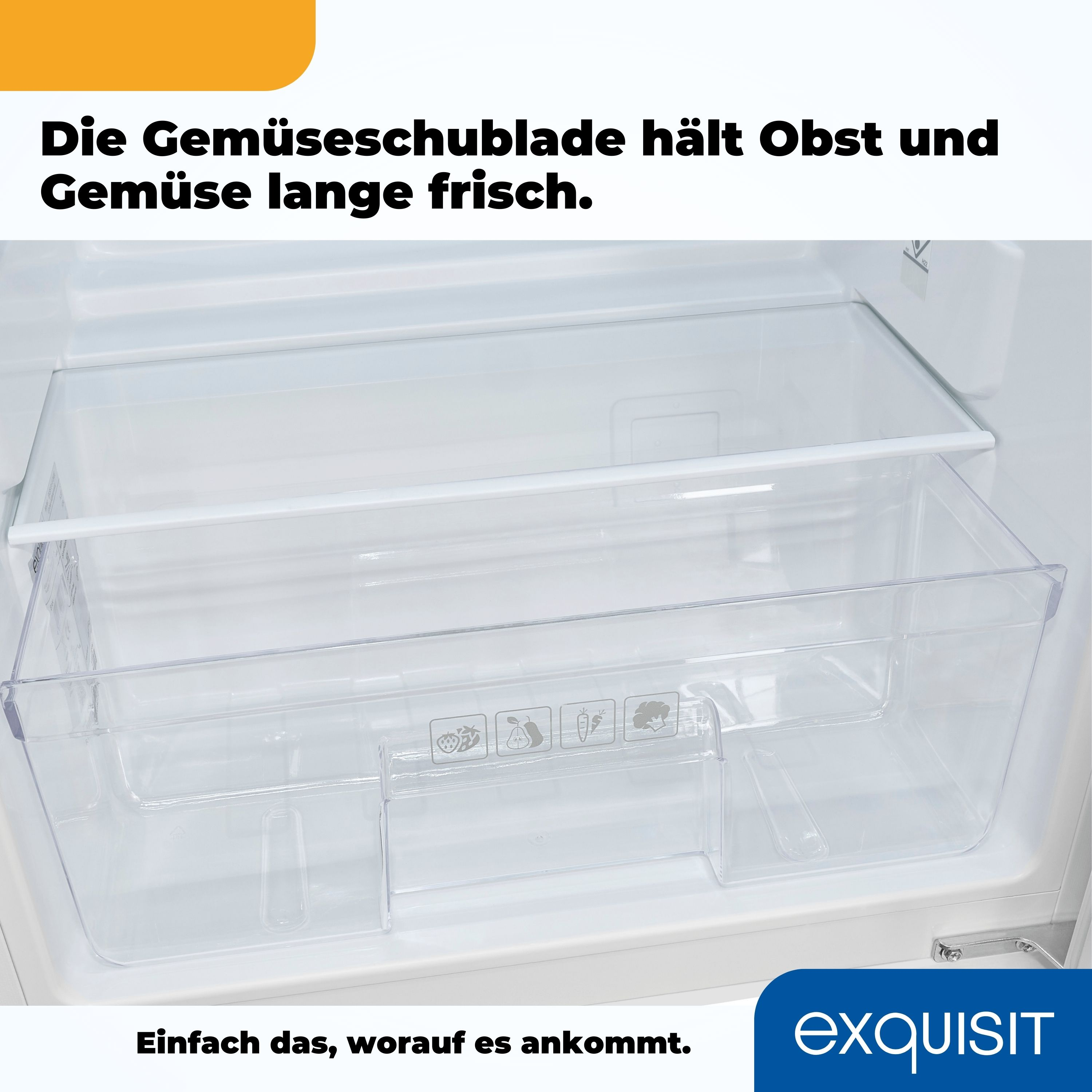 Ein Kühlschrank mit einer transparenten Plastikschublade. Text auf Deutsch, die Schublade hält Obst und Gemüse frisch.