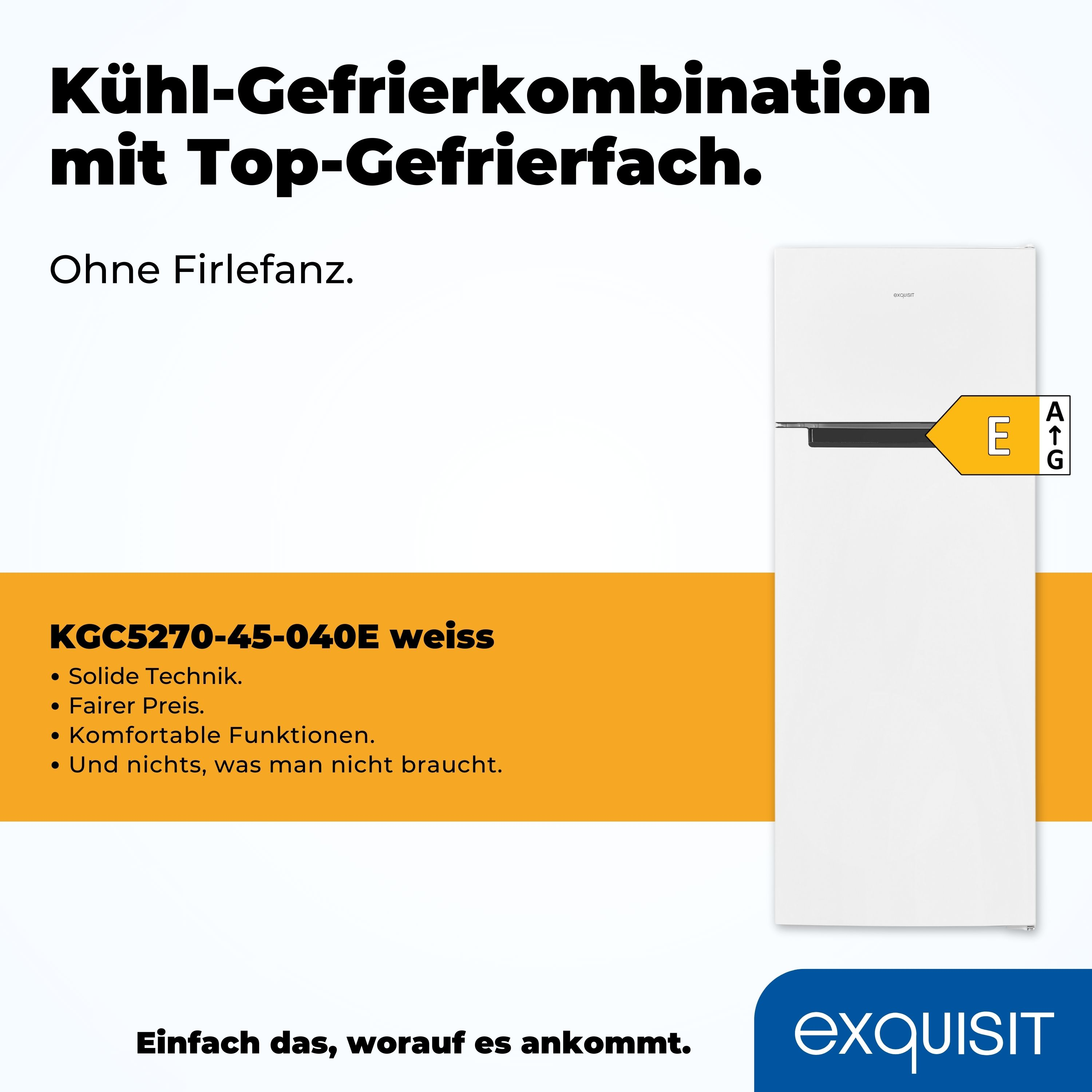 Weißer Kühlschrank mit Gefrierfach oben. Text hebt Energieeffizienz, Modellnummer und Produktmerkmale hervor.