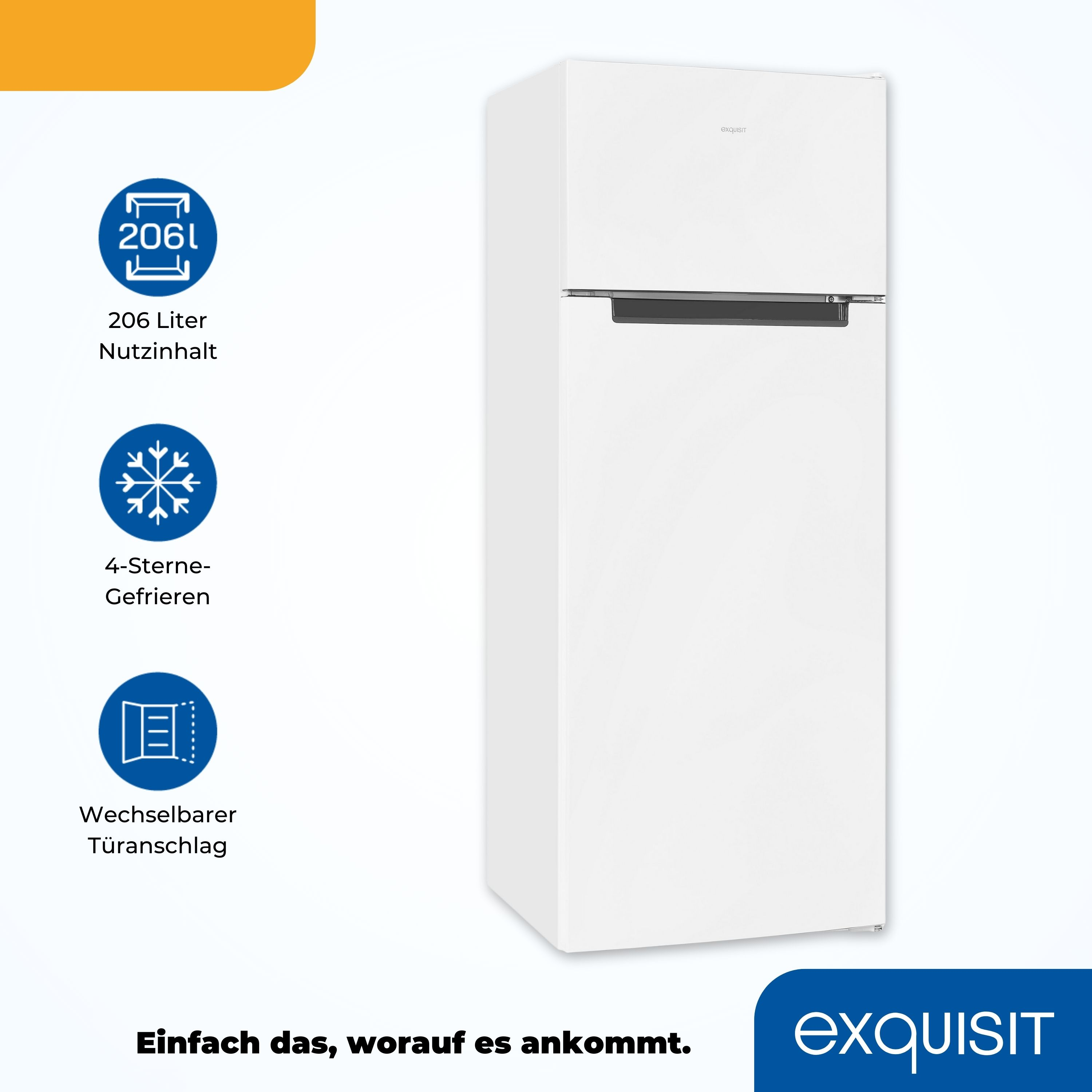 Weißer Kühlschrank mit schwarzen Griffen. Infografiken: 206L Kapazität, 4-Sterne-Gefrieren. Text: 'Einfach, was zählt'.