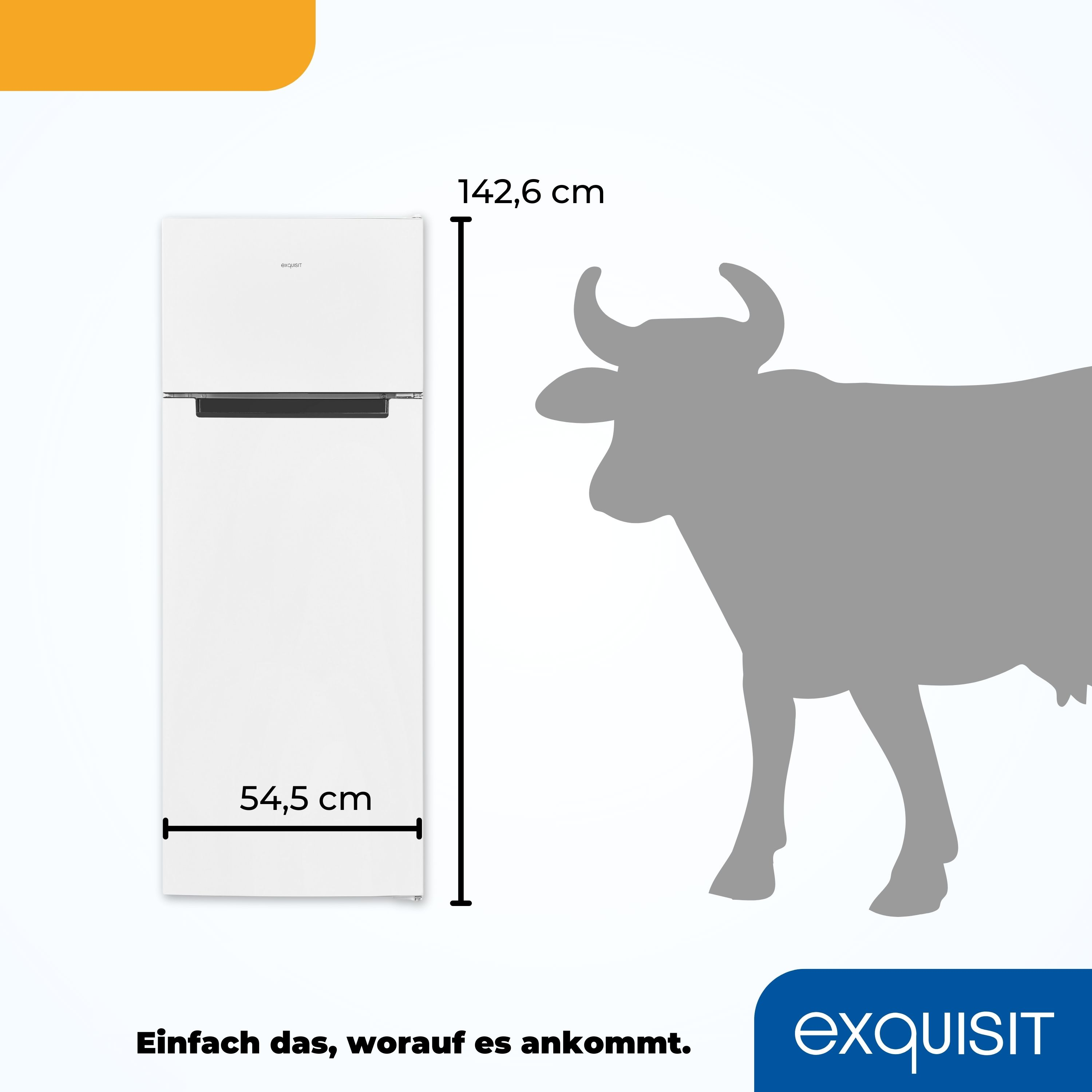 Weißer Kühlschrank mit Maßen. Eine Kuh-Silhouette rechts. Text: Einfach das, worauf es ankommt.