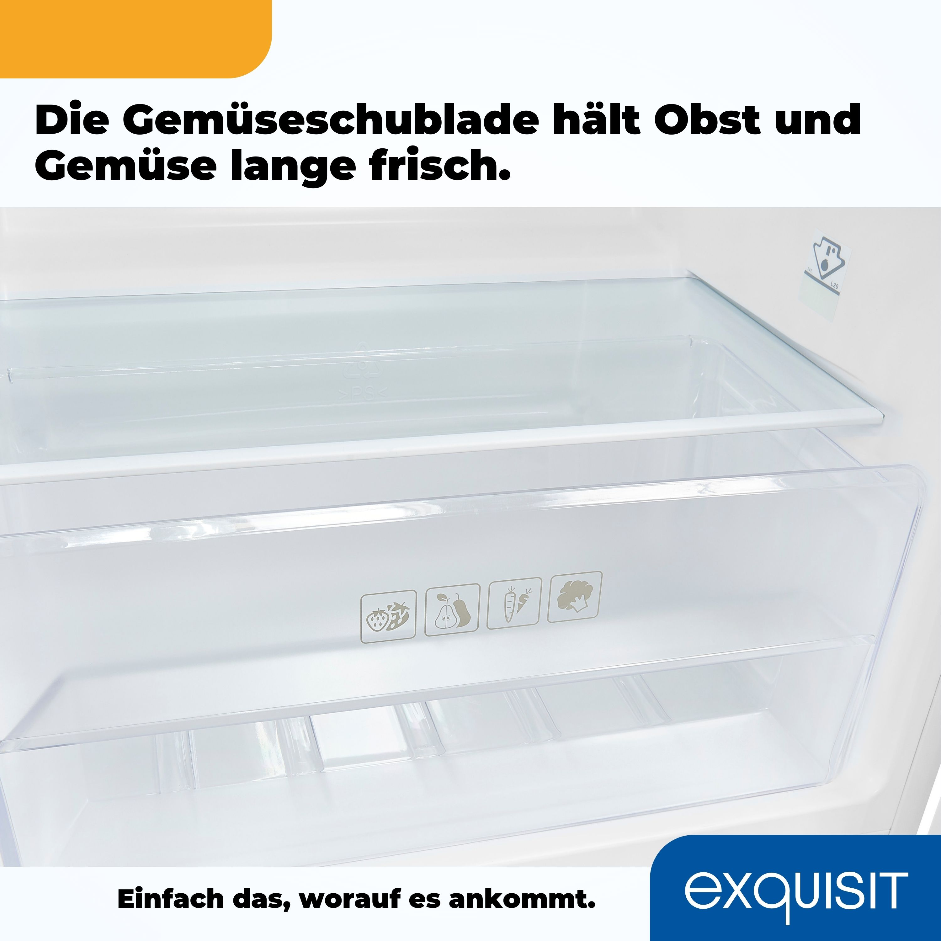 Das Innere eines Kühlschranks zeigt eine transparente Gemüseschublade mit Obst- und Gemüse-Symbolen.