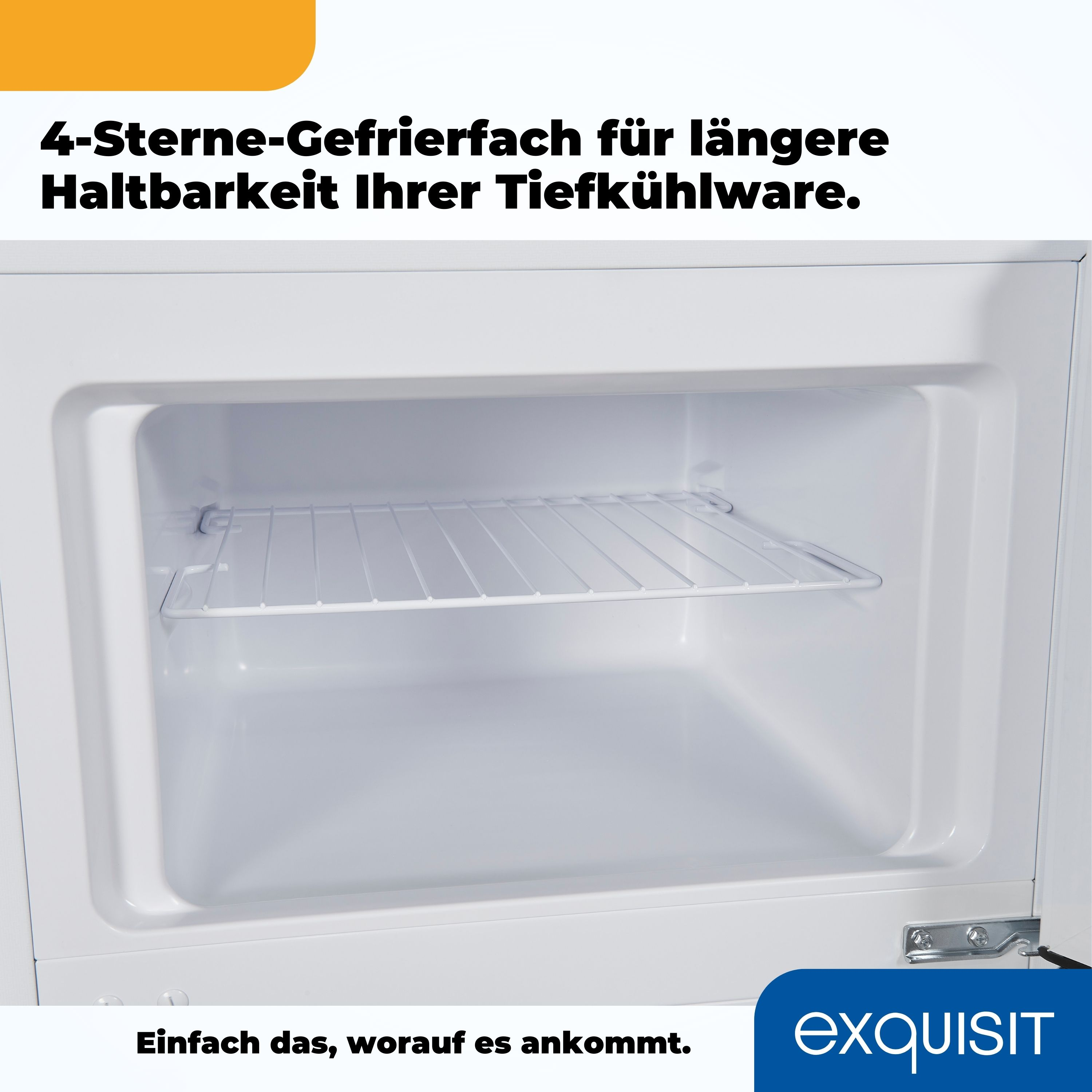 Der Innenraum eines weißen Kühlschranks mit einem Drahtregal. Text unten: "exquisit". Der Hintergrund ist weiß.