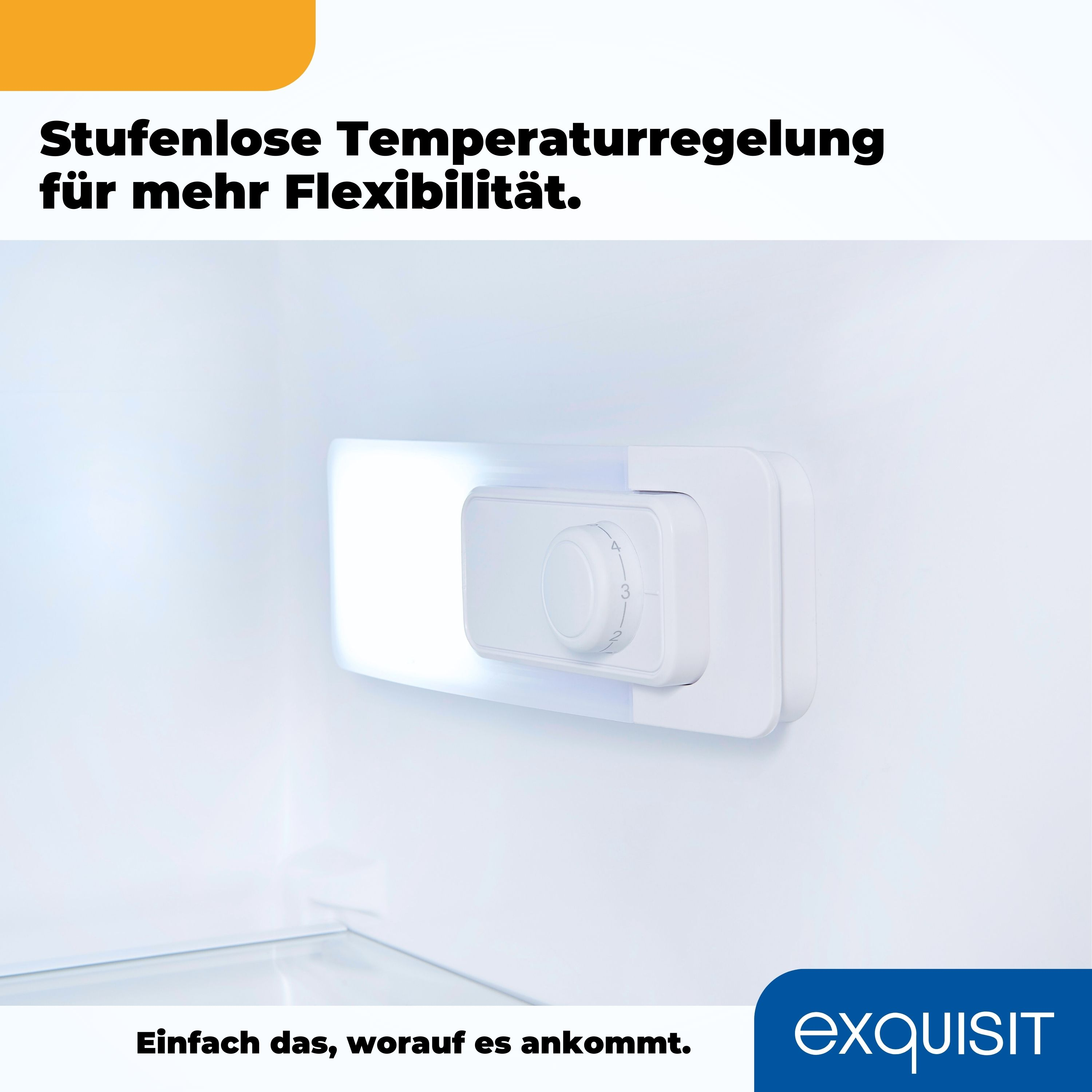Kühlschrankinnenraum mit weißem Temperaturregler. Der Regler befindet sich an der Wand.