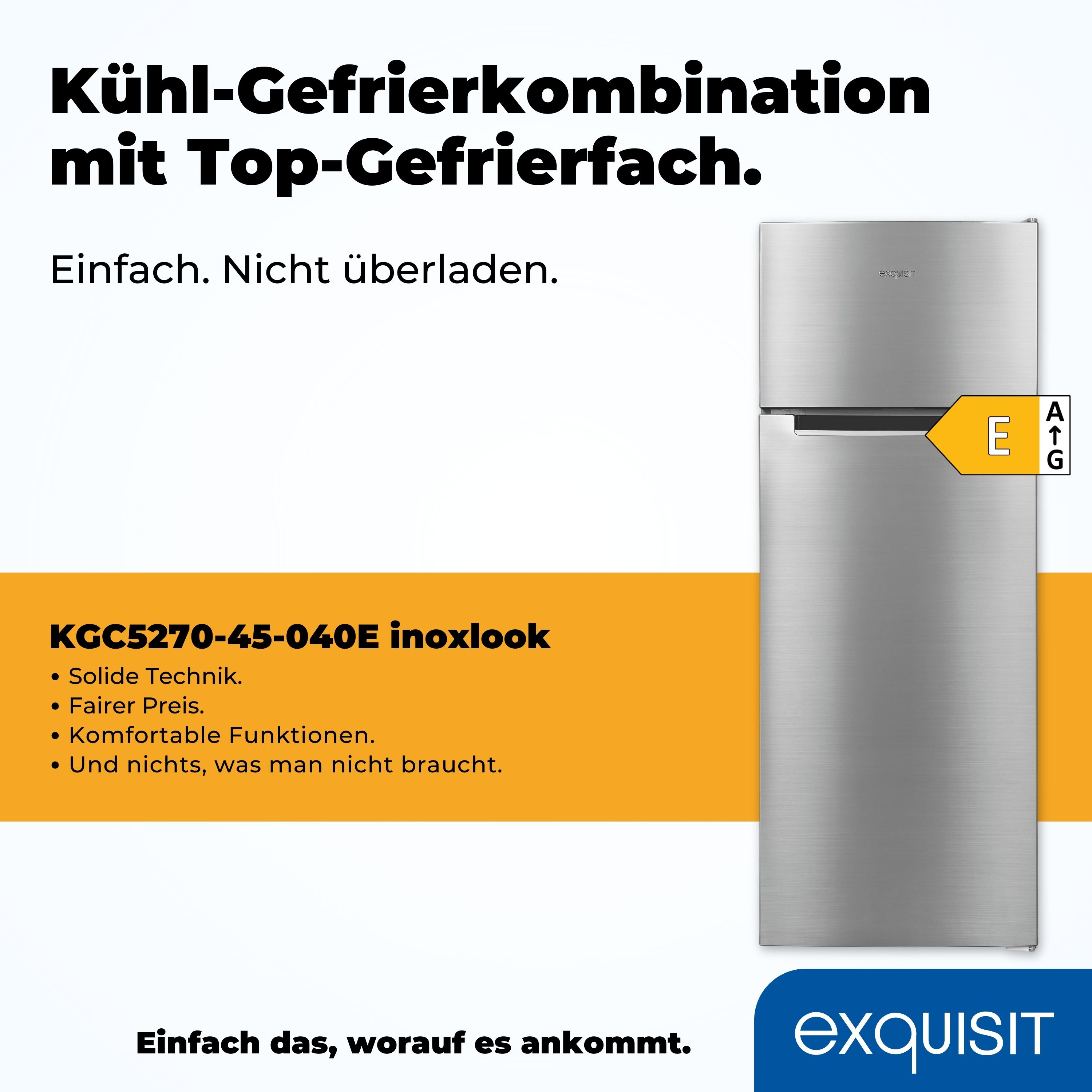 Silberner Kühlschrank mit oberem Gefrierfach und Energielabel.