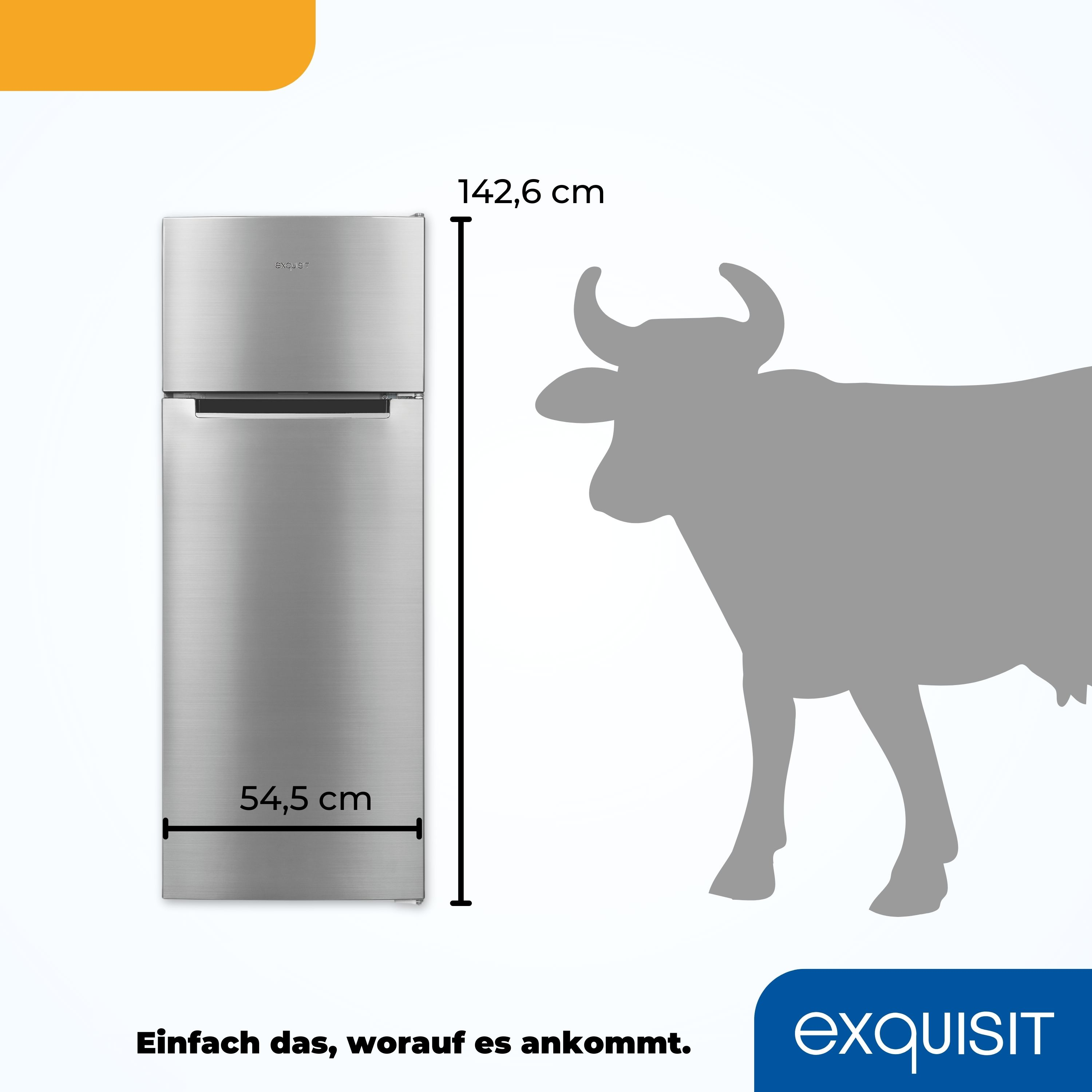 Ein Edelstahlkühlschrank neben einer Kuhsilhouette mit Maßangaben in cm.