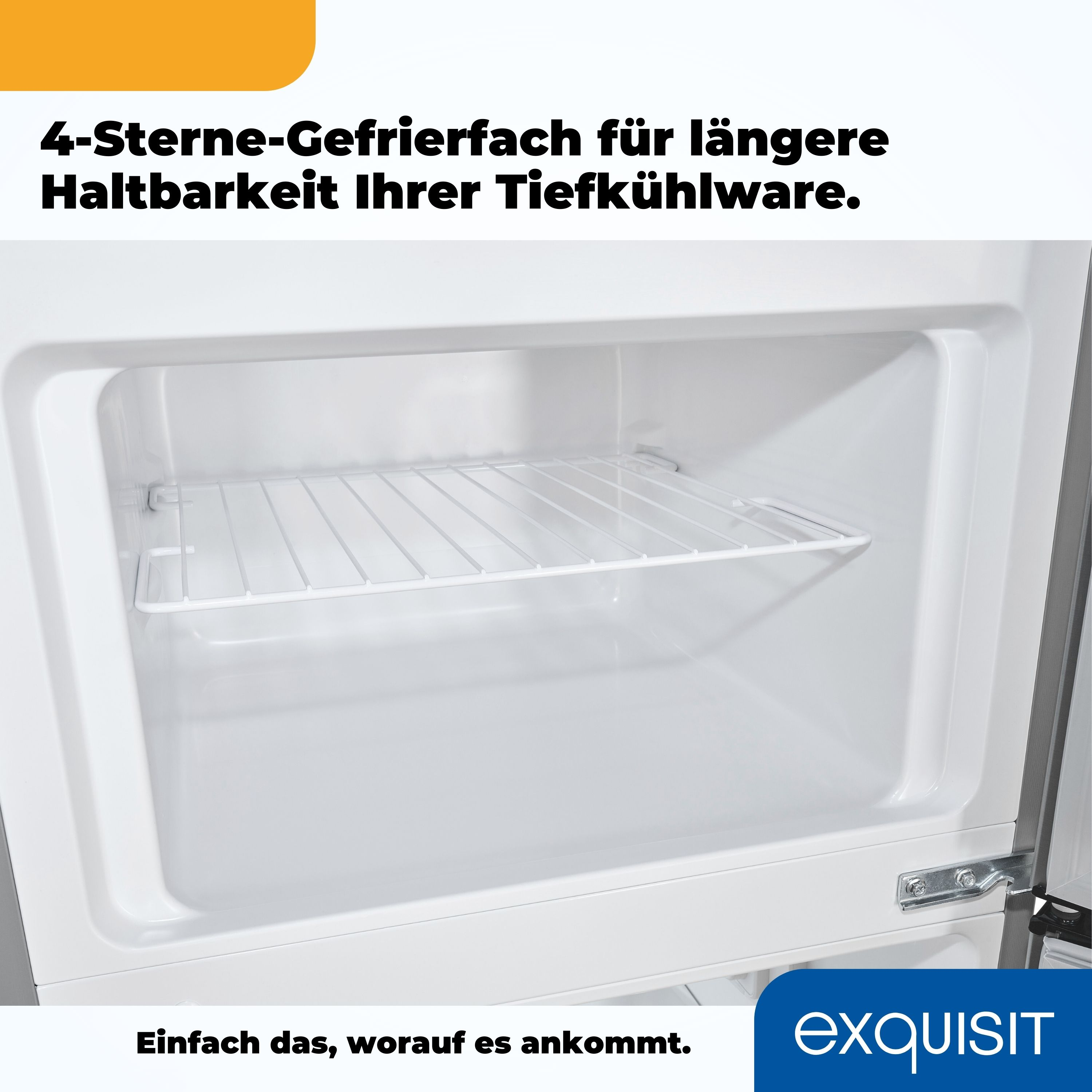 Ein offener Kühlschrank mit einem Regal und dem Text '4-Sterne-Gefrierfach' sichtbar.