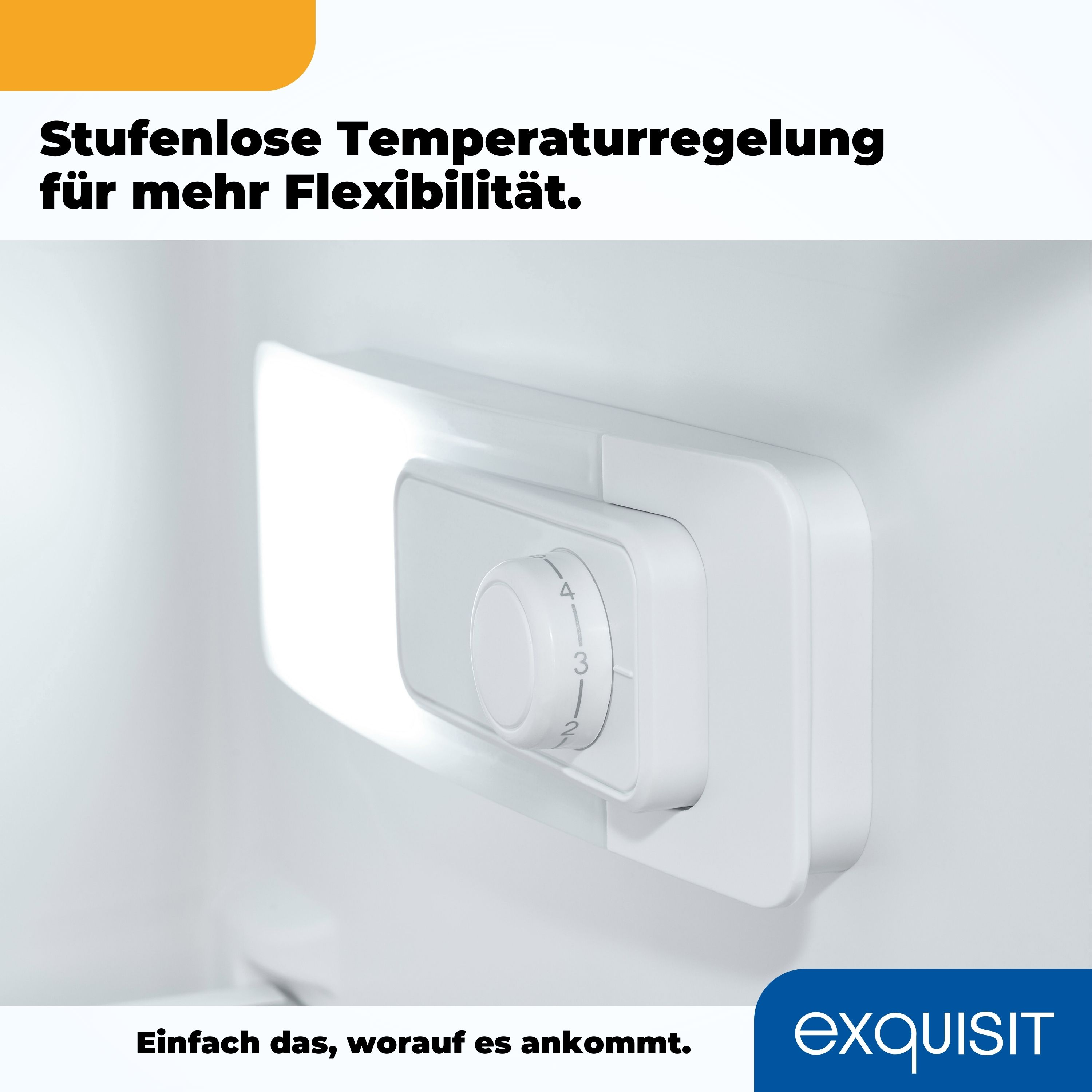 Innenansicht eines weißen Kühlschranks mit Temperaturregler und den Zahlen 2-4.
