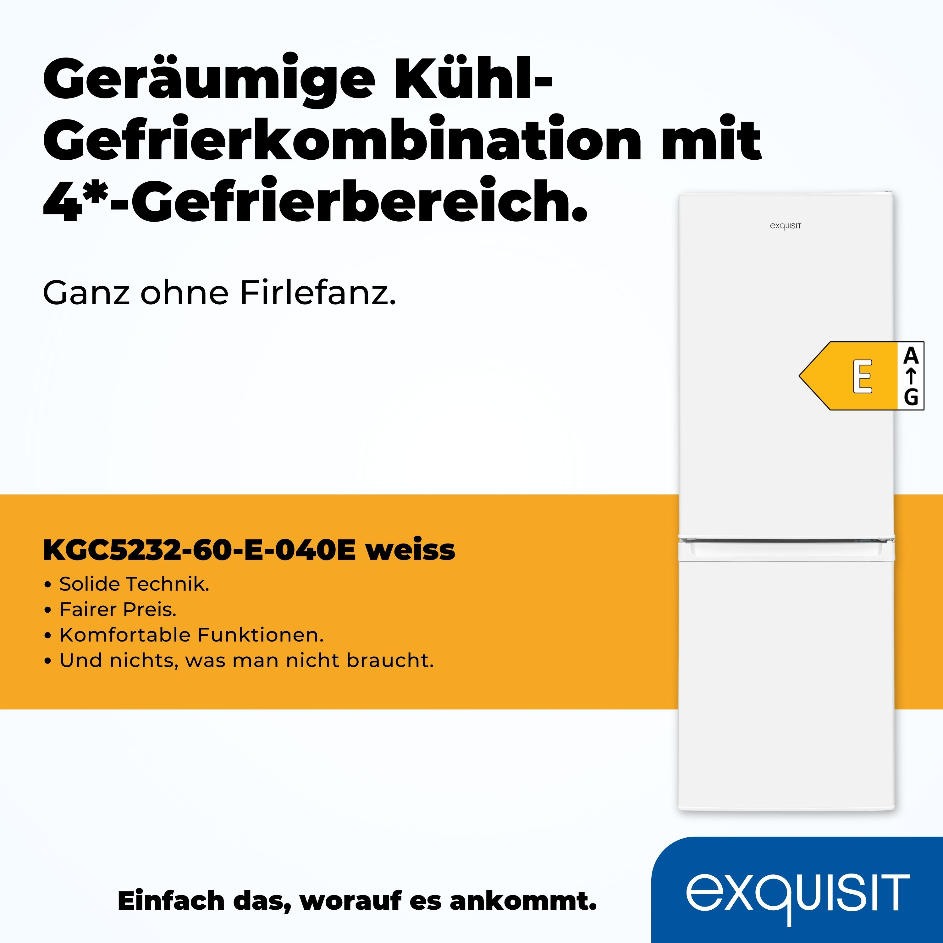 Weißer Kühlschrank mit Gefrierfach, Energieetikett E. Text: Geräumige Kühl-Gefrierkombination mit 4*-Gefrierbereich.