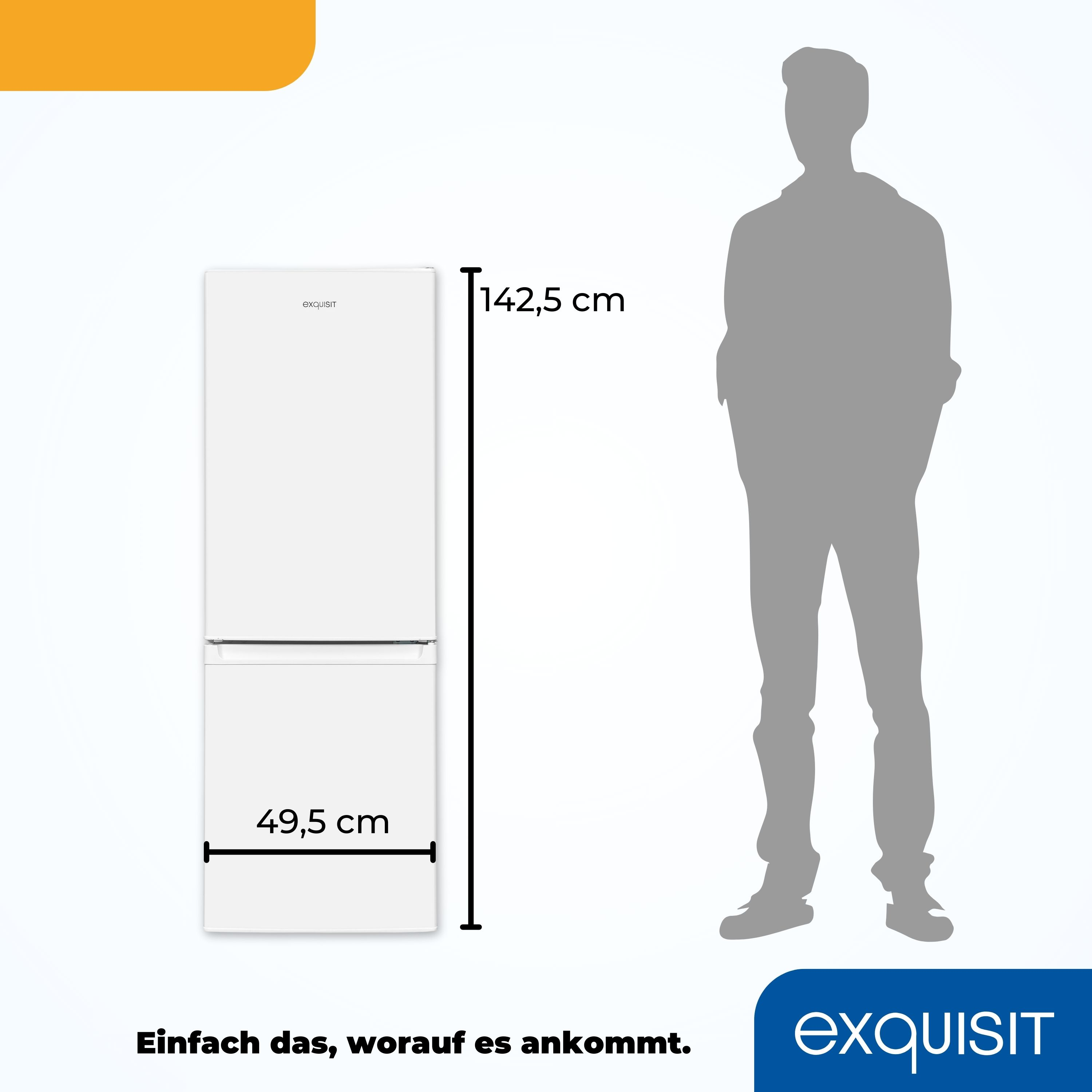 Ein weißer Kühlschrank. Daneben eine Personensilhouette, die die Größe zeigt. Der Kühlschrank ist 142,5 cm hoch.