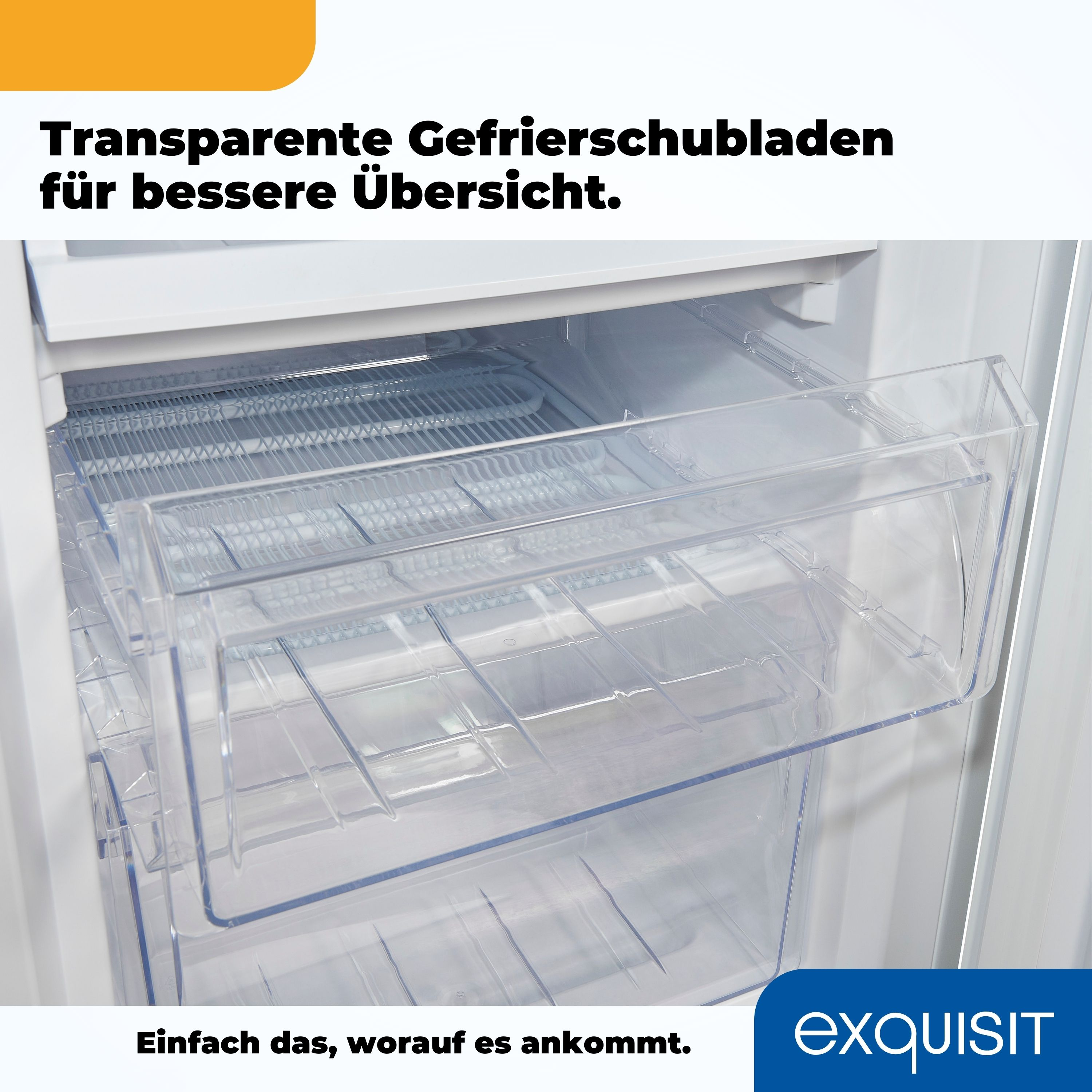 Transparente Gefrierschubladen. Text 'Transparente Gefrierschubladen für besseren Überblick'.