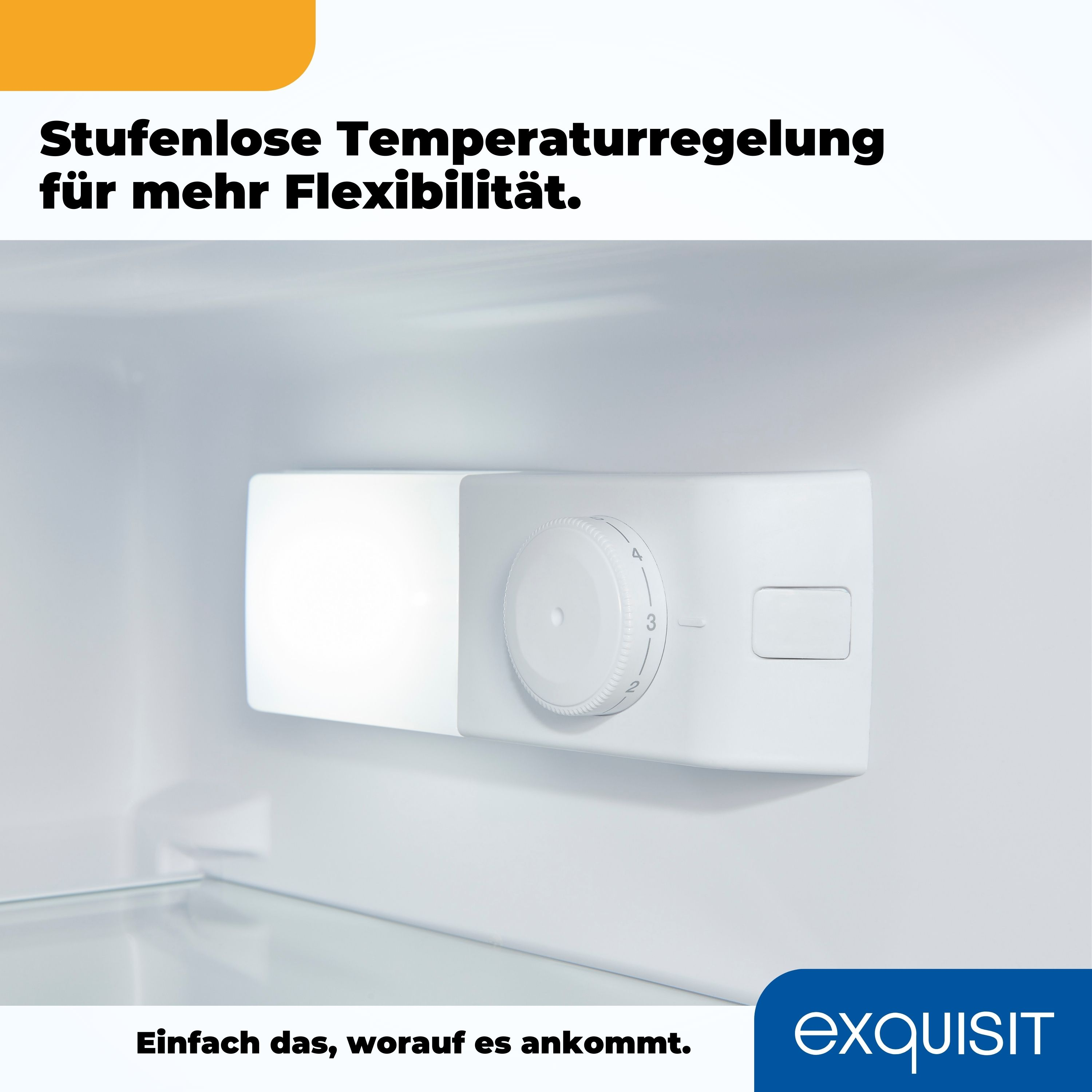 Kühlschrankinnenraum mit Temperaturregelung. Text auf Deutsch.