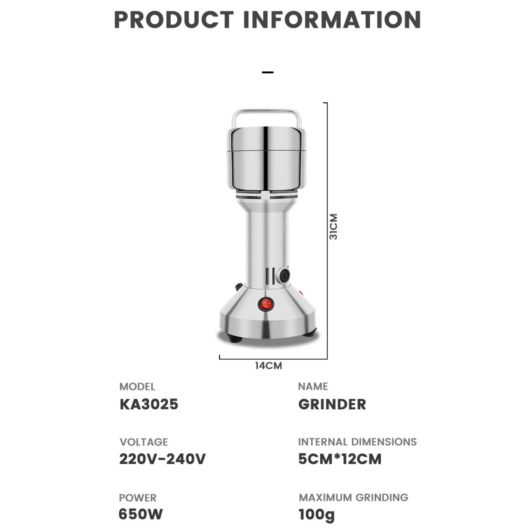 Silberner Grinder mit Griff, Modell KA3025, mit Abmessungen und Spezifikationen.