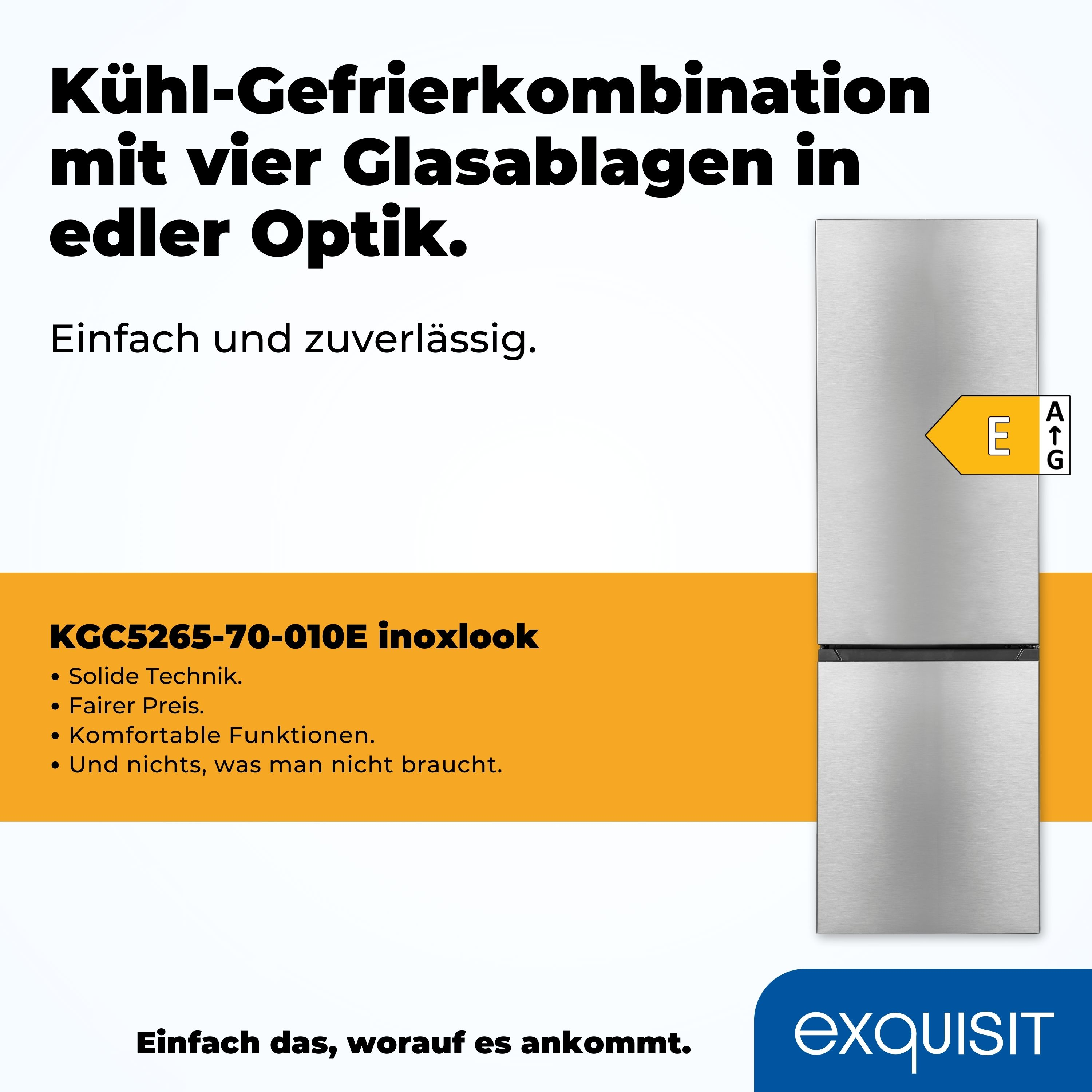 Silber-schwarzer Kühlschrank mit Energielabel. Edelstahl-Optik und vier Glasablagen.