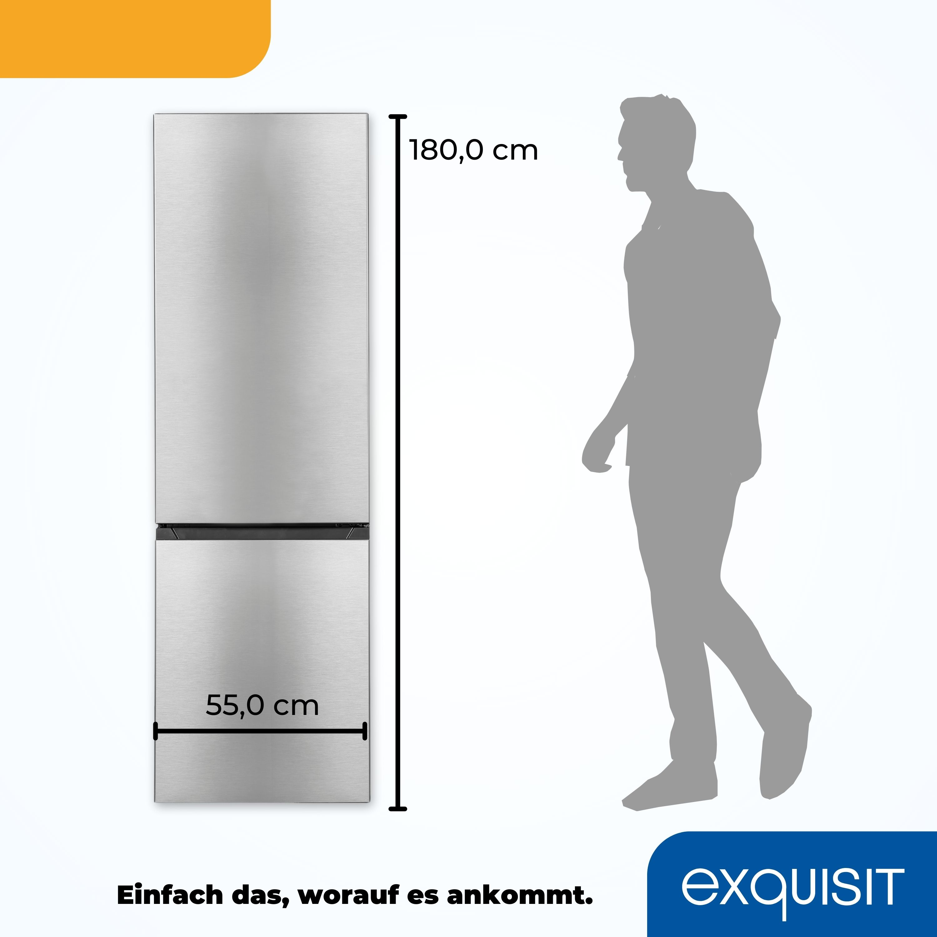 Silberner Kühlschrank mit Maßen und einer Männersilhouette.