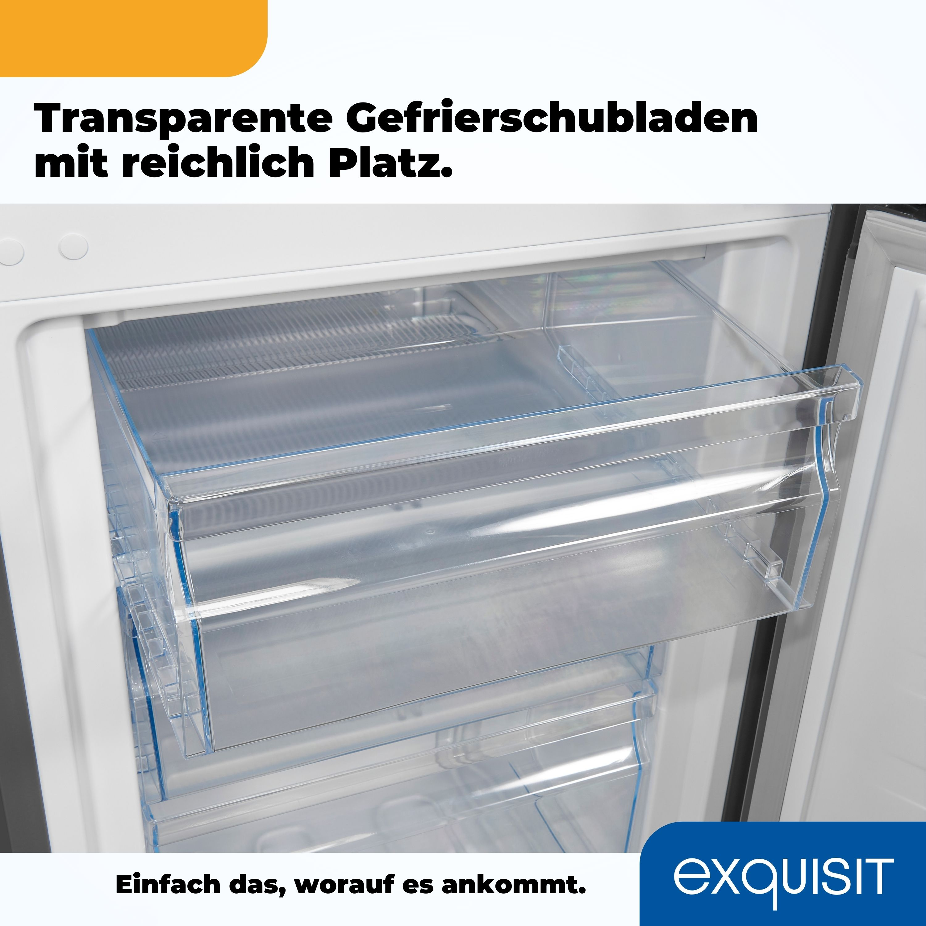 Weißer Kühlschrank mit transparenten Gefrierschubladen. Viel Platz ist sichtbar.