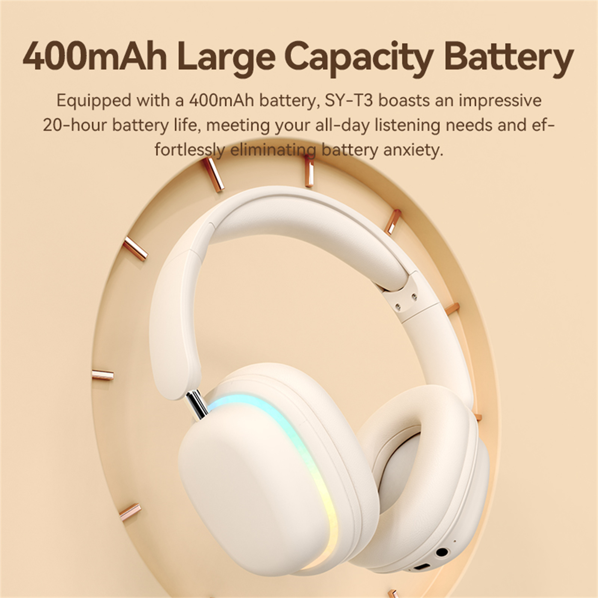 Weiße Kopfhörer mit cremefarbenen Ohrmuscheln auf beigefarbenem Hintergrund. Text: 400mAh Akku.