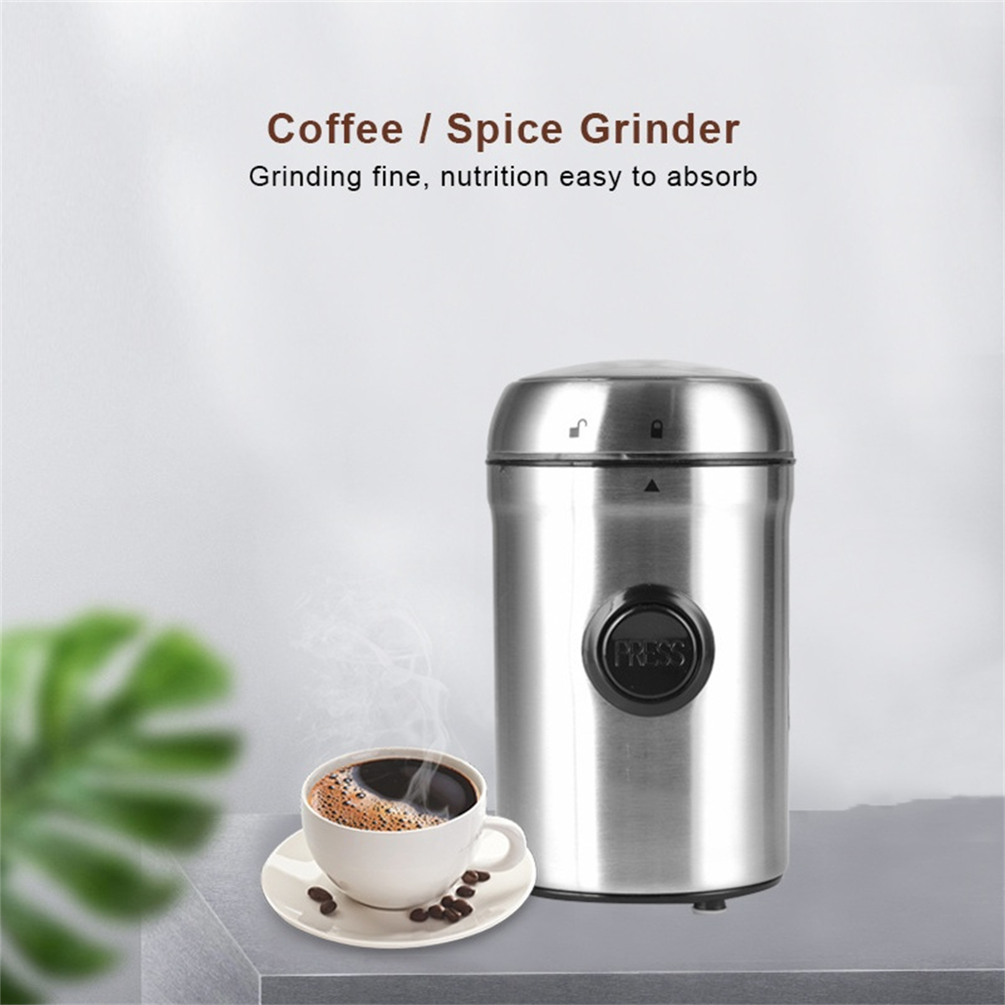 Kaffee-/Gewürzmühle mit einer Tasse Kaffee und Bohnen. Edelstahl-Mühle. Text: Fein mahlen, Nährstoffe leicht absorbierbar.