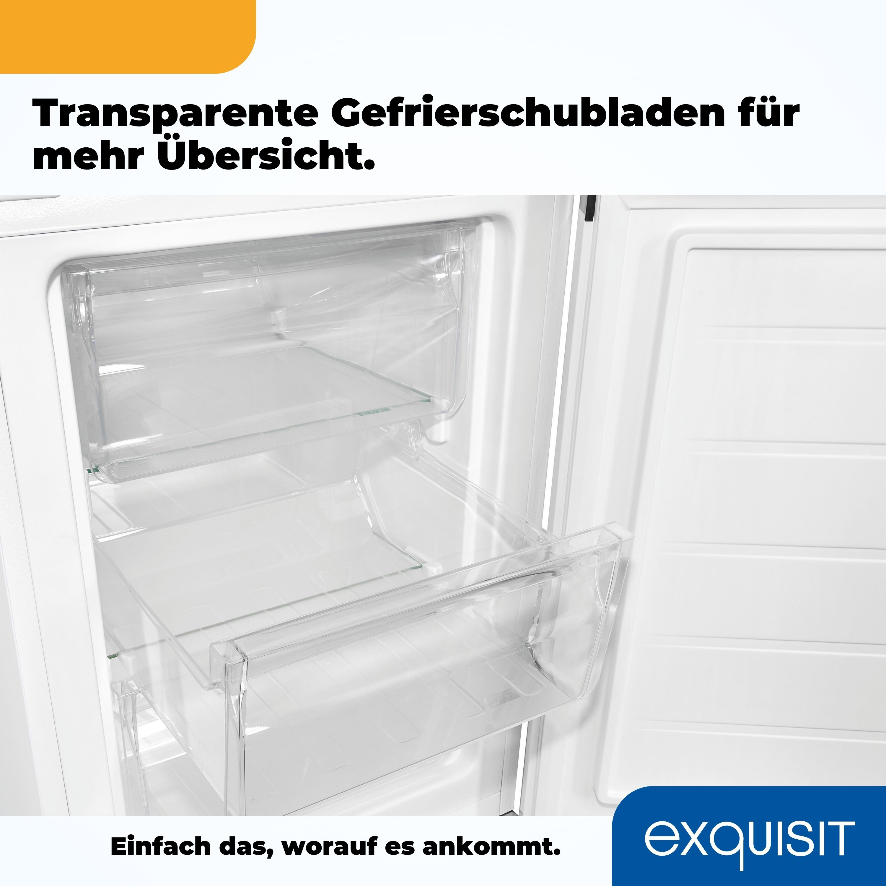 Kühlschrank-Innenraum mit transparenten Schubladen, weißer Innenraum. Text auf Deutsch.