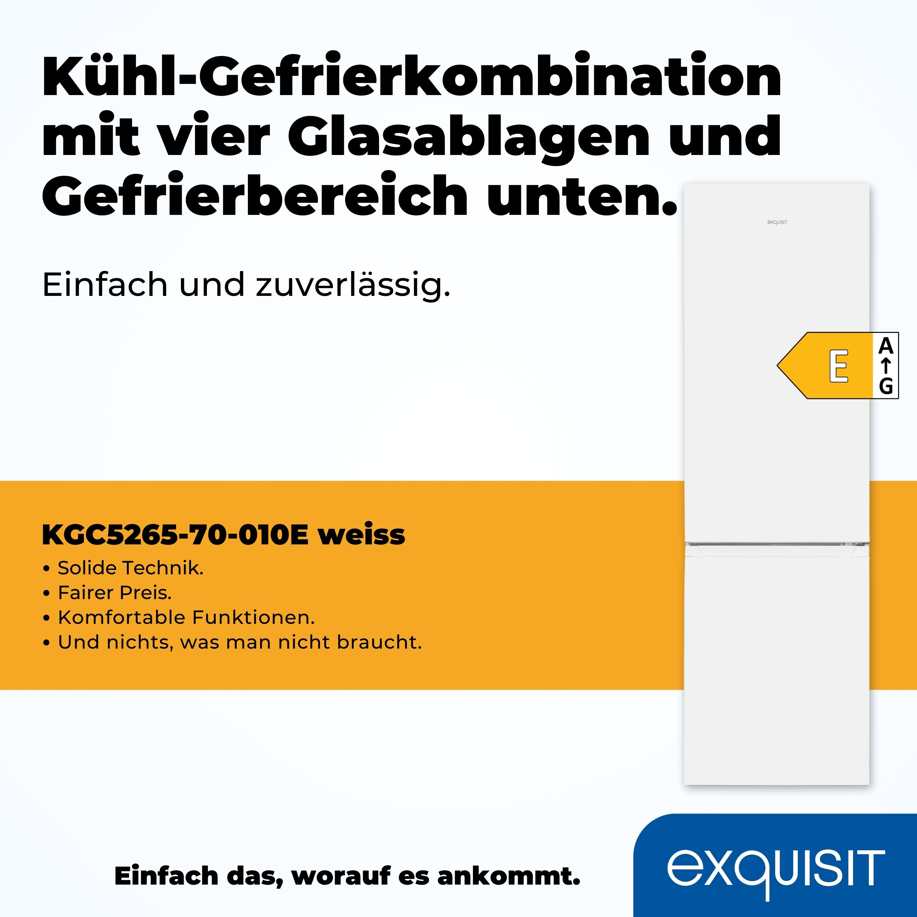 Weißer Kühlschrank mit Textbeschreibung. Energieetikett sichtbar, Effizienz.