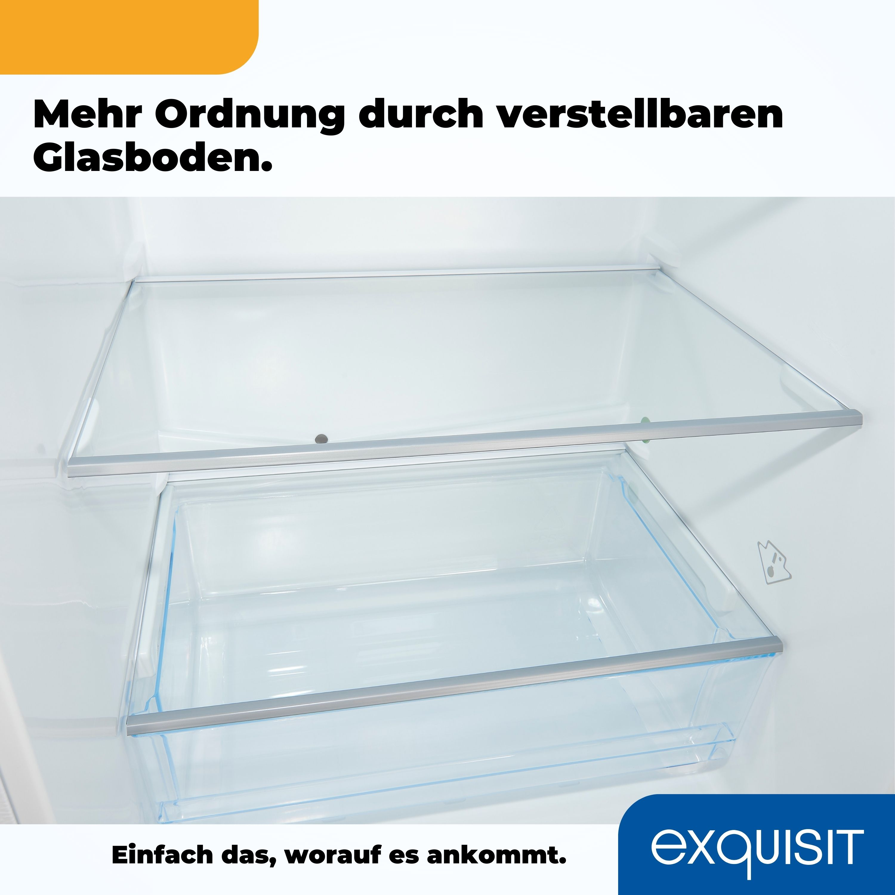 Kühlschrankinnenraum mit einem Glasregal und einer Schublade. Die Szene ist gut beleuchtet.