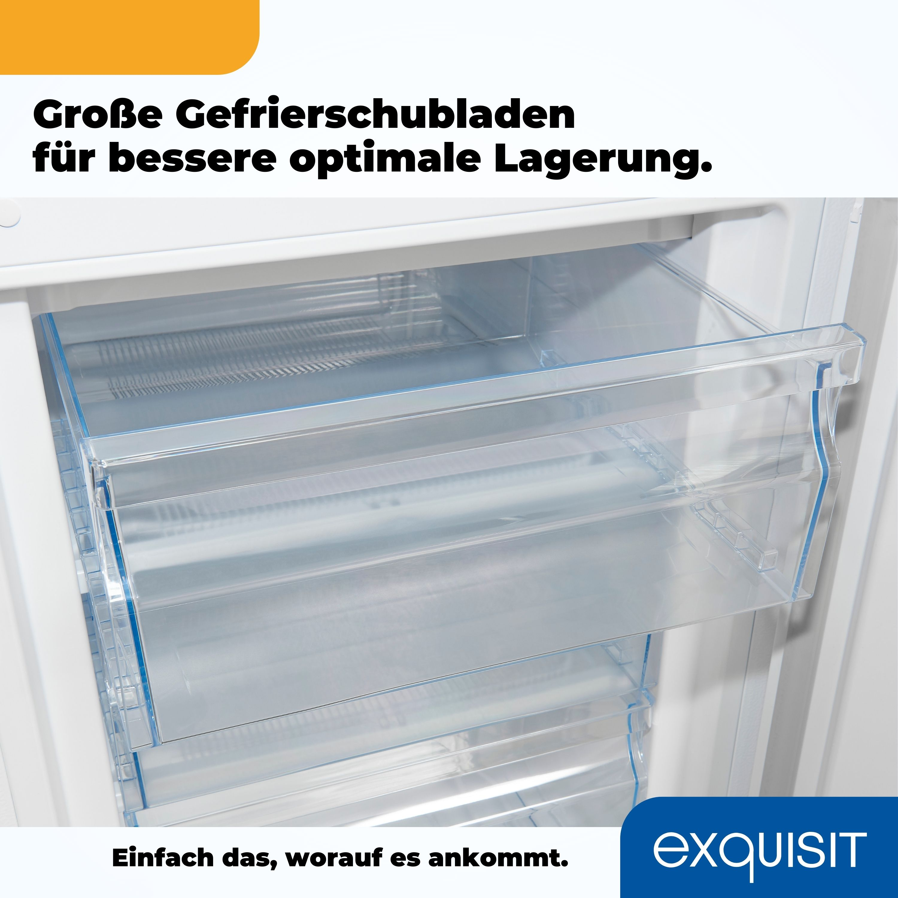 Ein weißer Kühlschrank mit offenen Schubladen, der den Stauraum und Text in Blau zeigt.