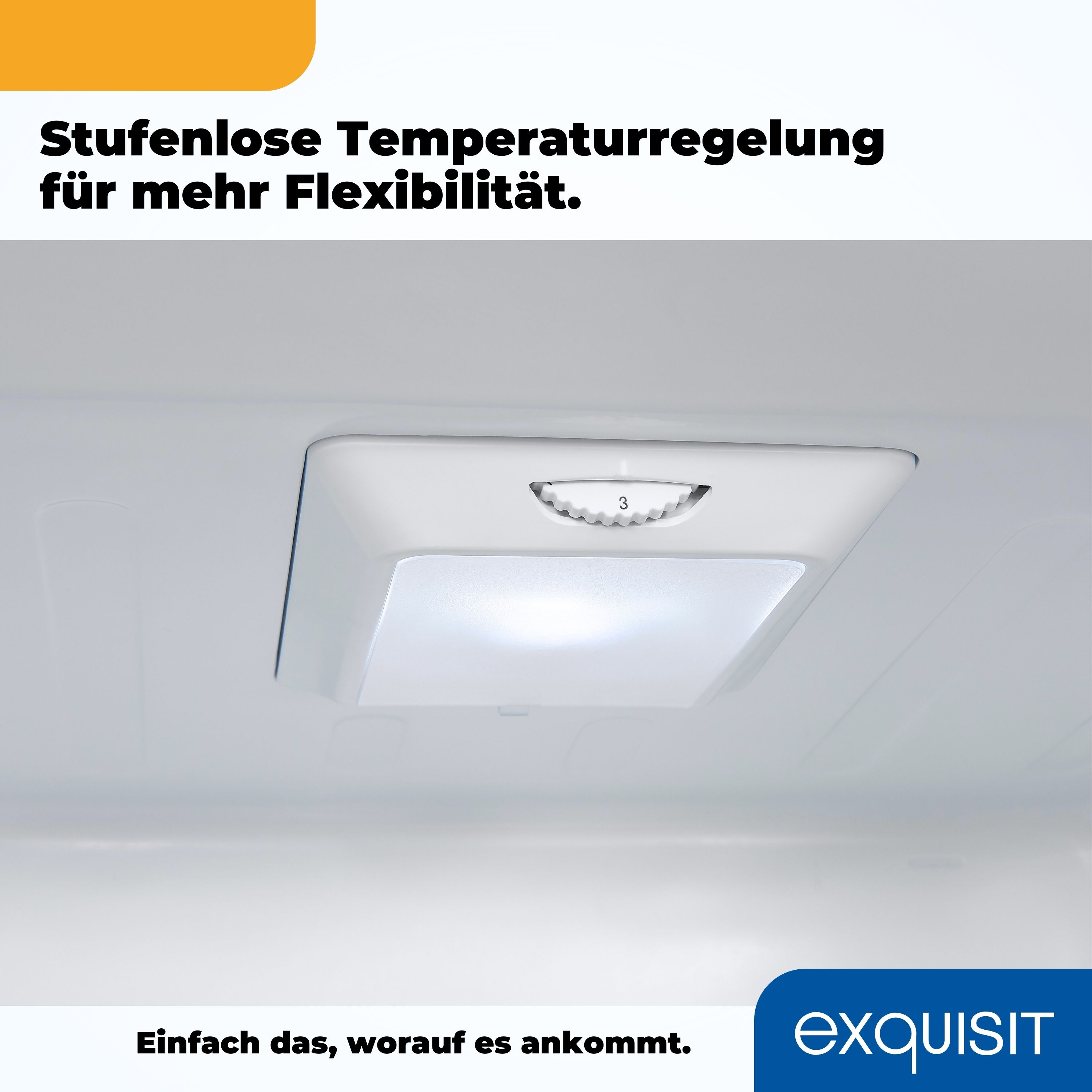 Kühlschrank-Innenraum, Bedienfeld mit Zahl 3. Text: Stufenlose Temperaturregelung für mehr Flexibilität.