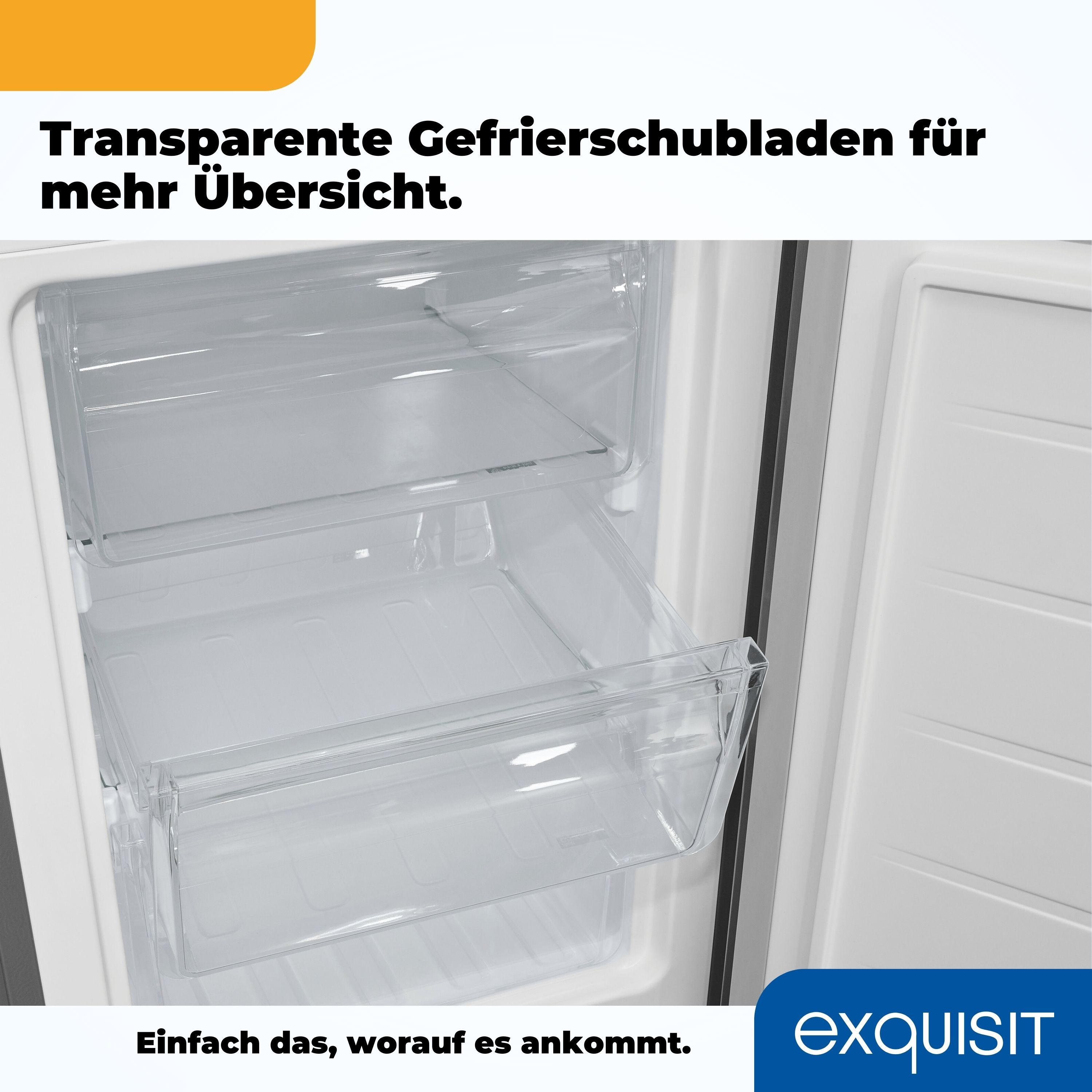 Transparente Gefrierschubladen in einem Gefrierschrank. Die Schubladen sind aus klarem Kunststoff.