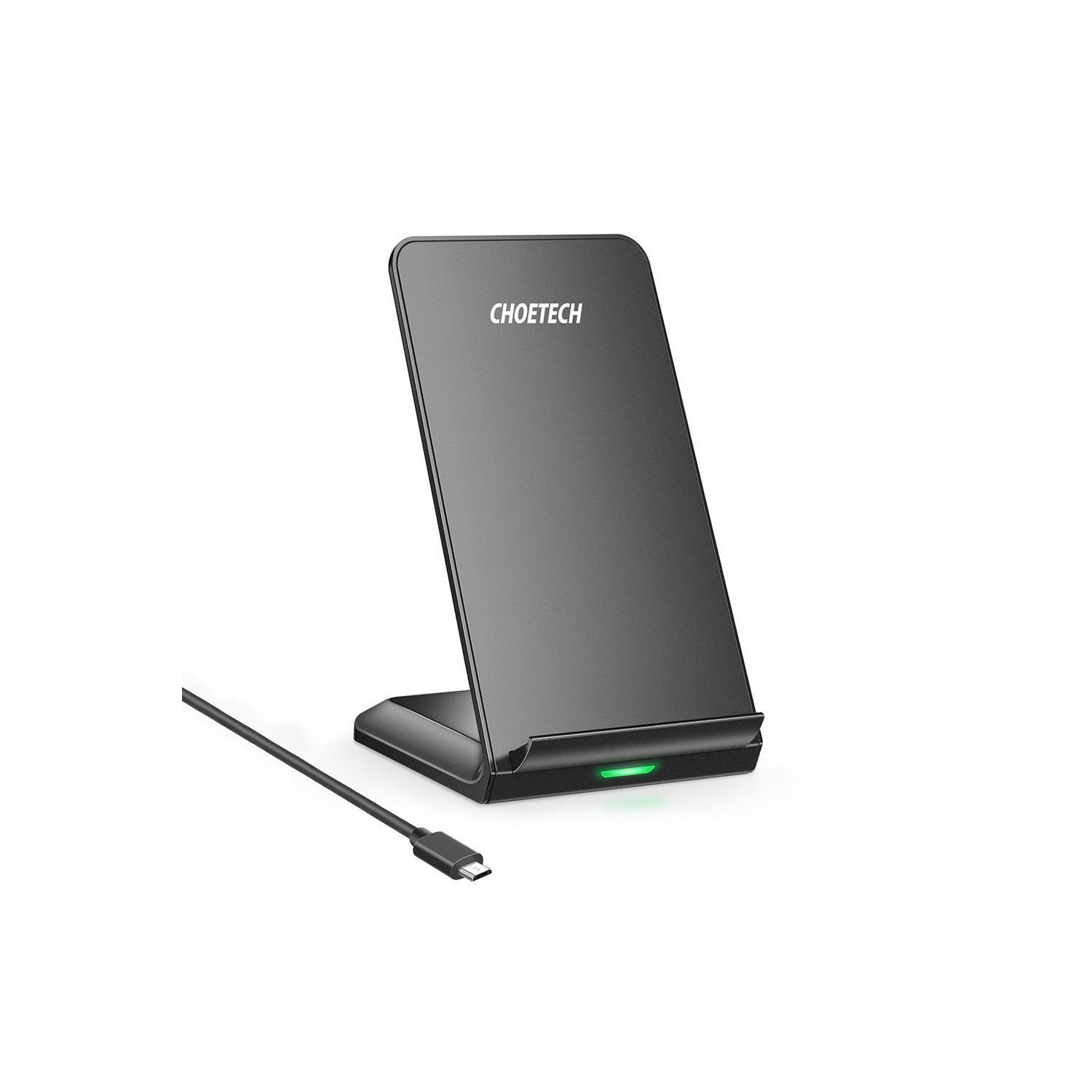 Schwarzer Choetech kabelloser Ladeständer mit einem USB-C-Kabel. Das Ladegerät hat eine grüne Kontrollleuchte.